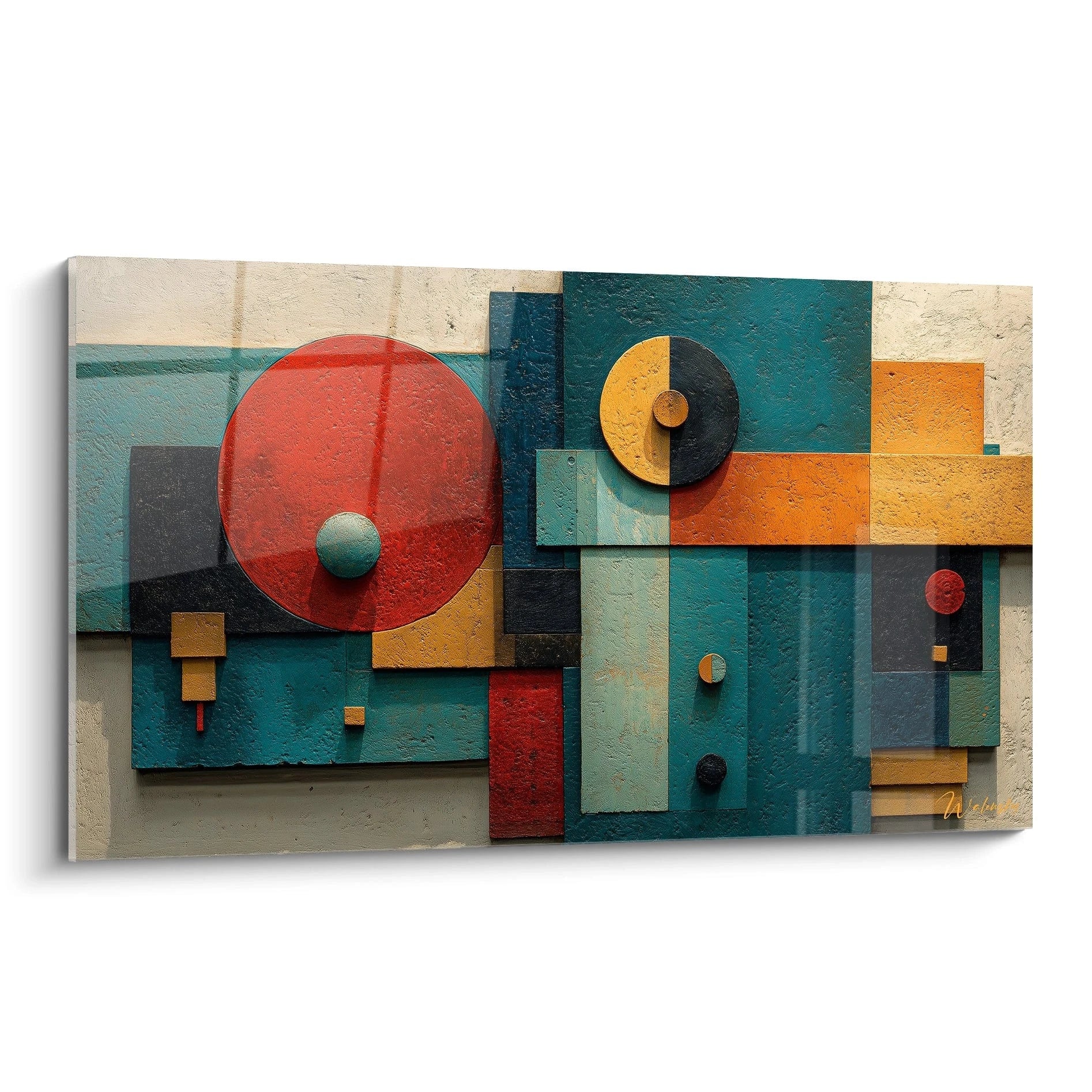 Walensky tableau mural tableau géométrique abstrait avec cercles et rectangles texturés bleu orange rouge