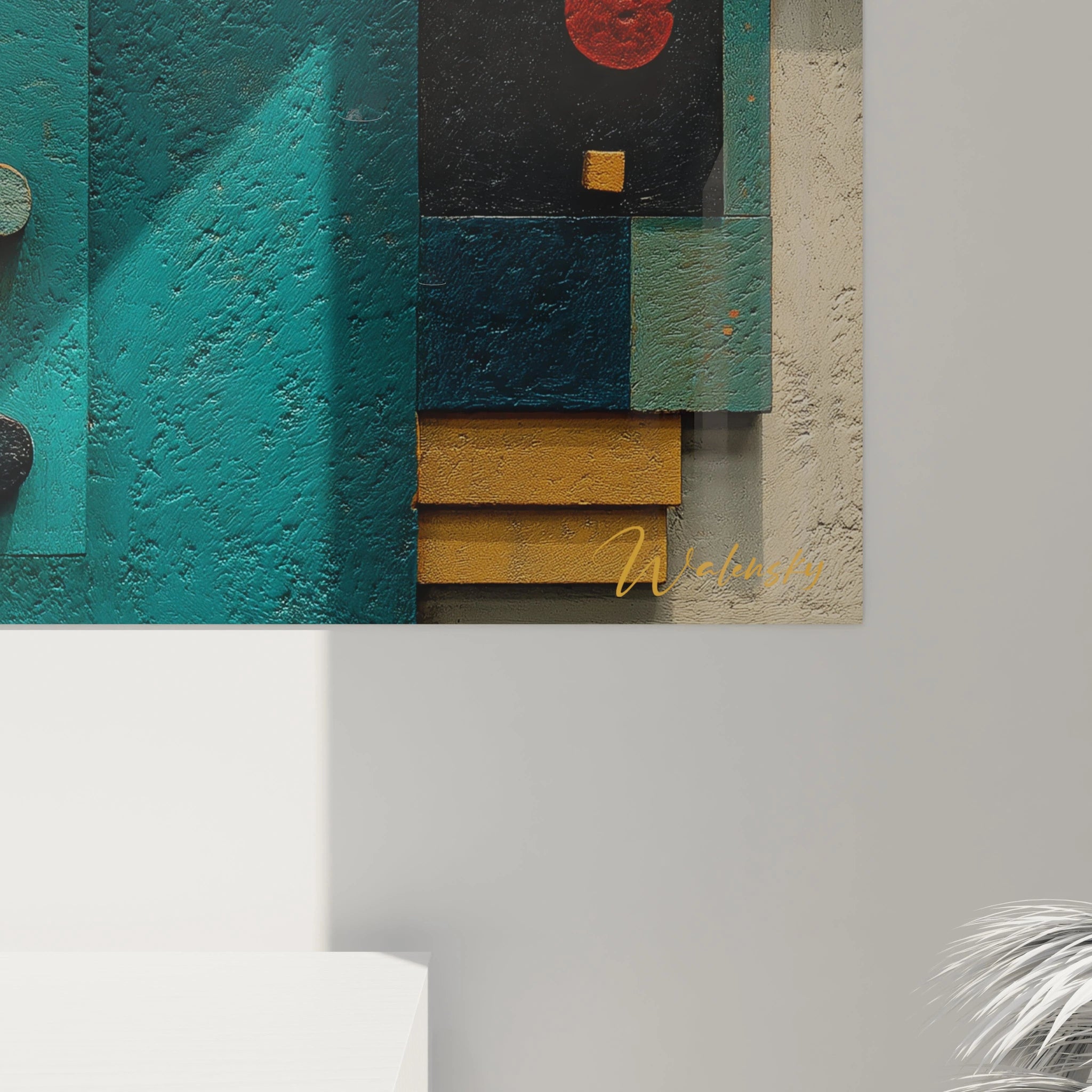 tableau géométrique abstrait Walensky mural en gros plan avec blocs texturés turquoise jaune et cercle rouge
