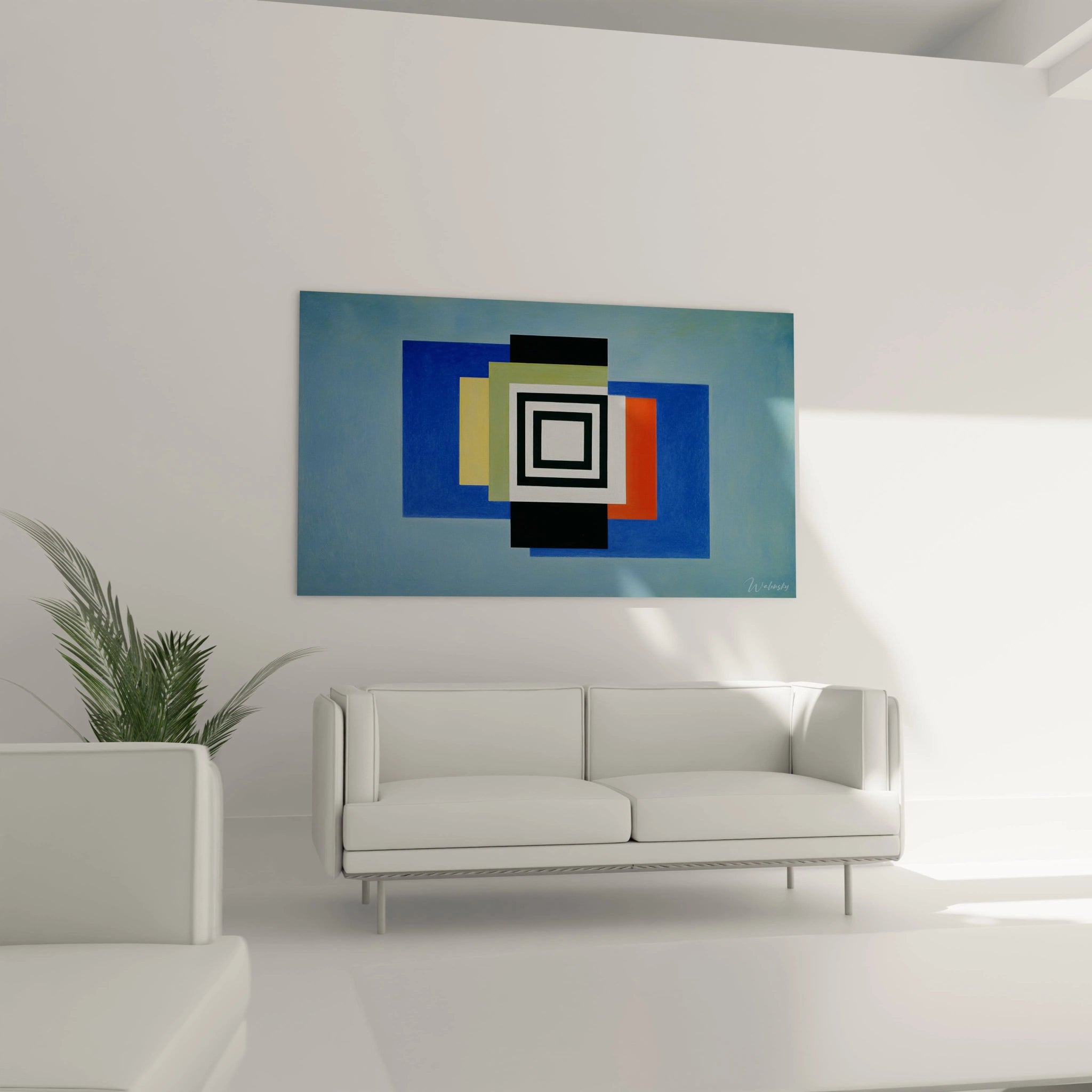 Tableau Walensky au dessus d un canapé blanc dans un salon moderne tableau murale géométrique constructivisme aux couleurs vives