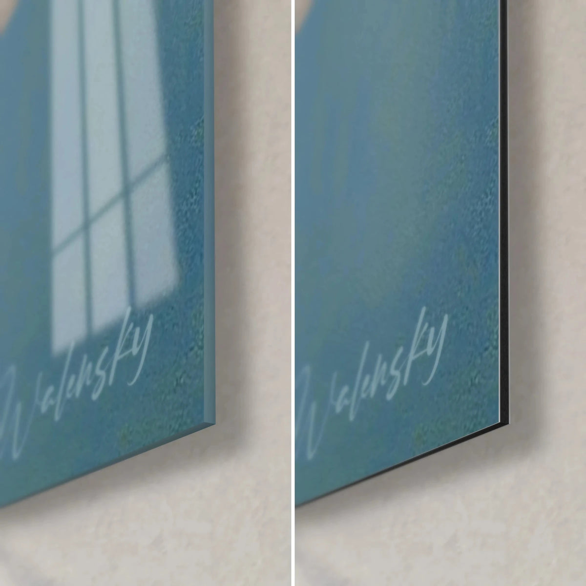 Wall art interlocking azure blue rectangles, bottom right corner: glossy acrylic glass on the left, matte Dibond aluminum and black edge on the right