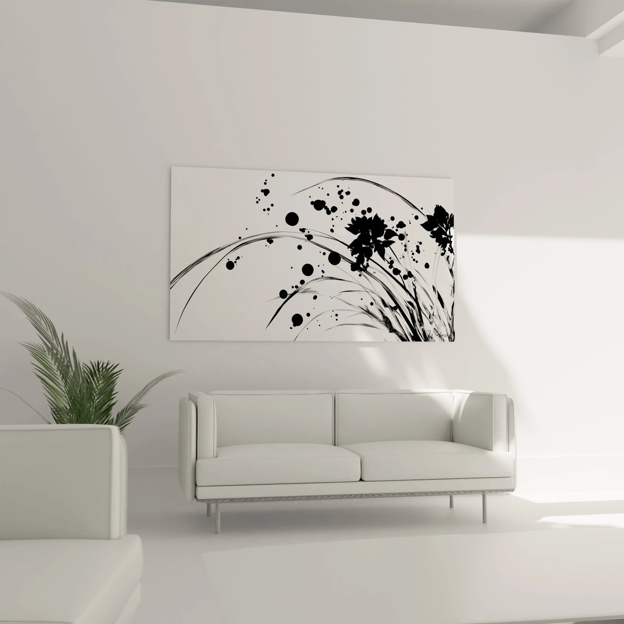 Tableau tacheté noir et blanc Walensky avec motifs floraux, idéal pour décorer un salon moderne