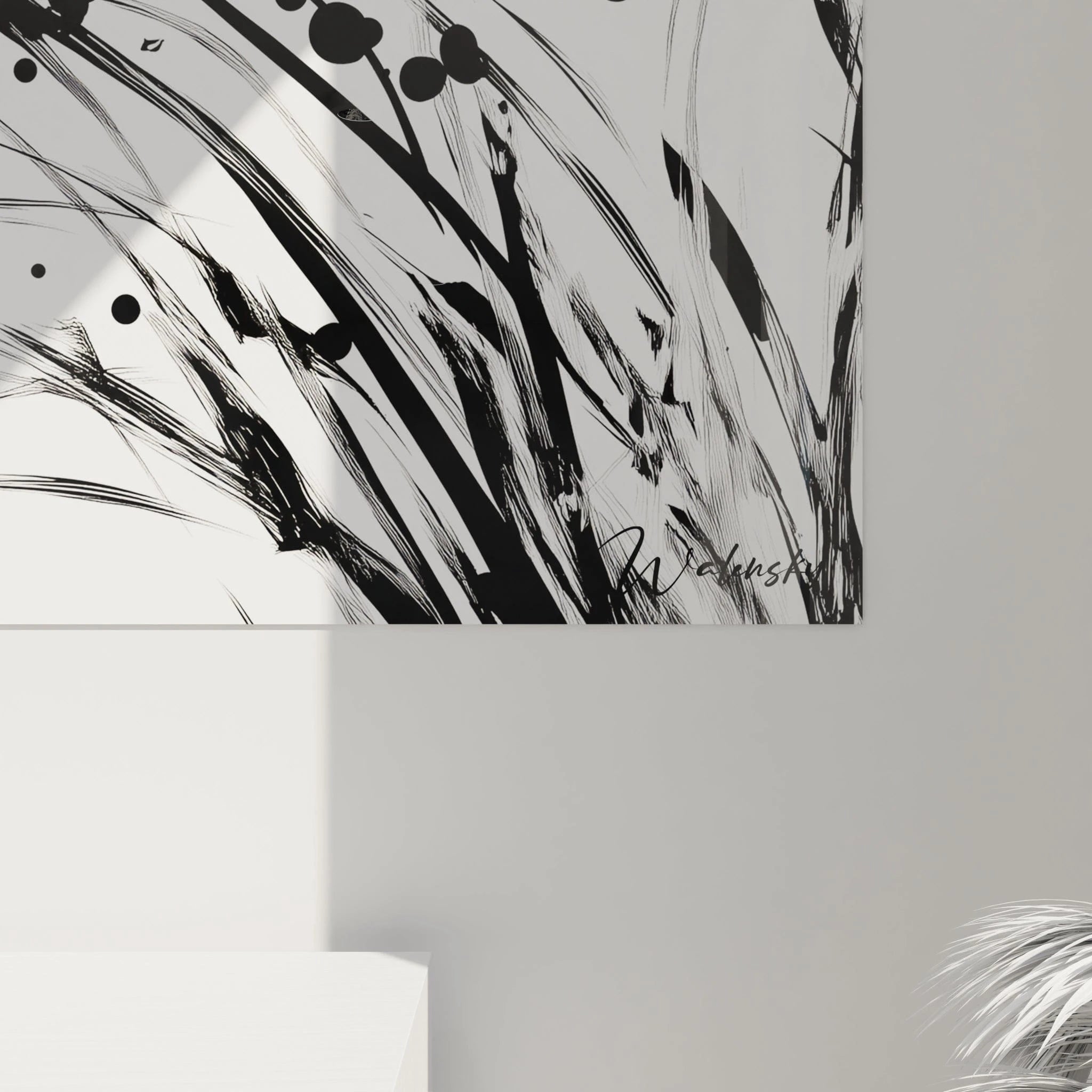 Tableau tacheté noir et blanc de Walensky avec des motifs modernes et abstraits pour un décor contemporain