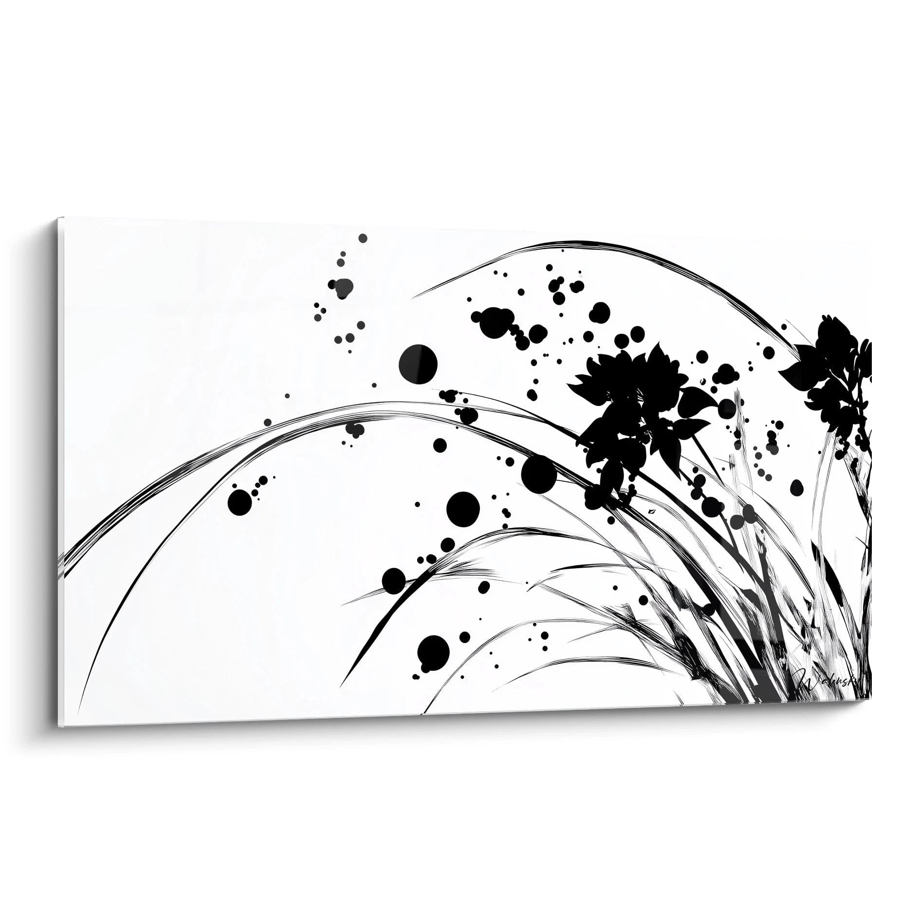 Tableau tacheté noir et blanc de Walensky avec des motifs floraux artistiques et abstraits