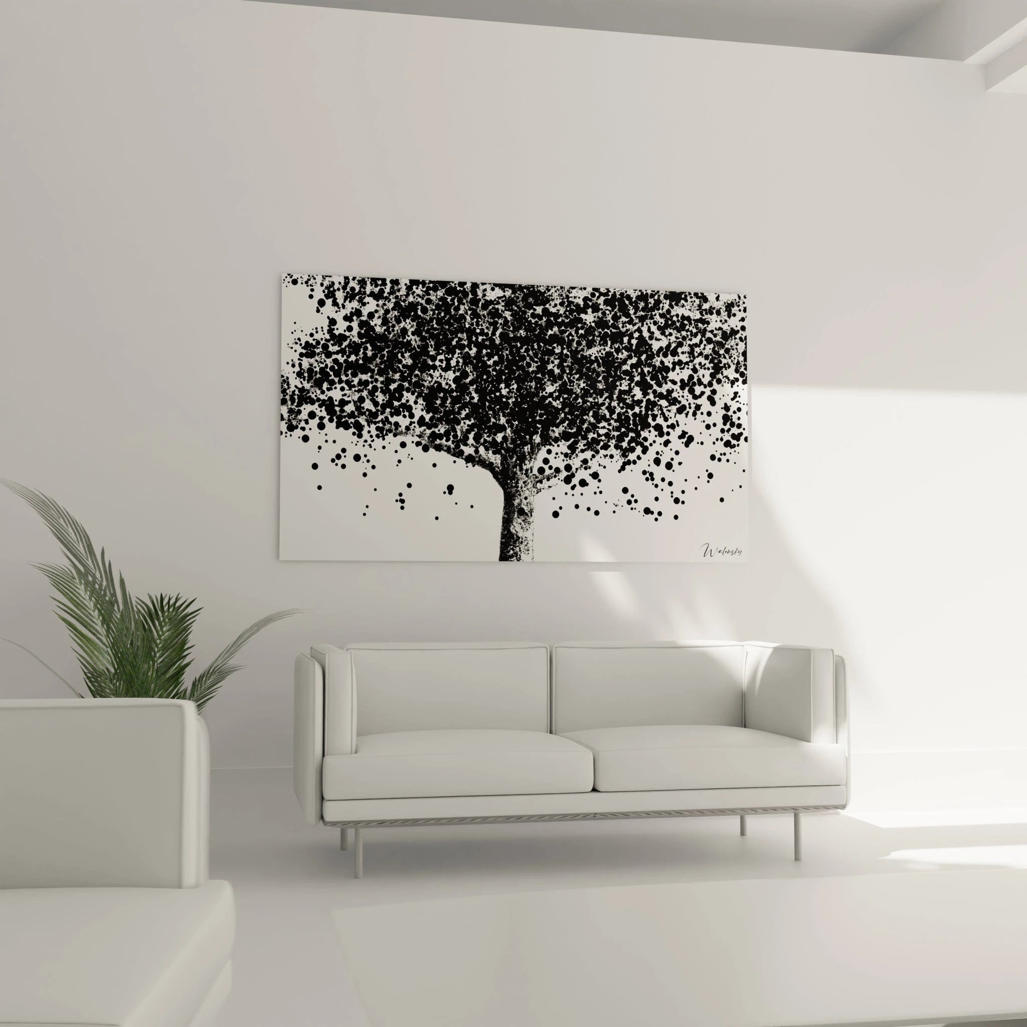 Tableau tacheté noir et blanc de Walensky représentant un arbre moderne sur un mur clair