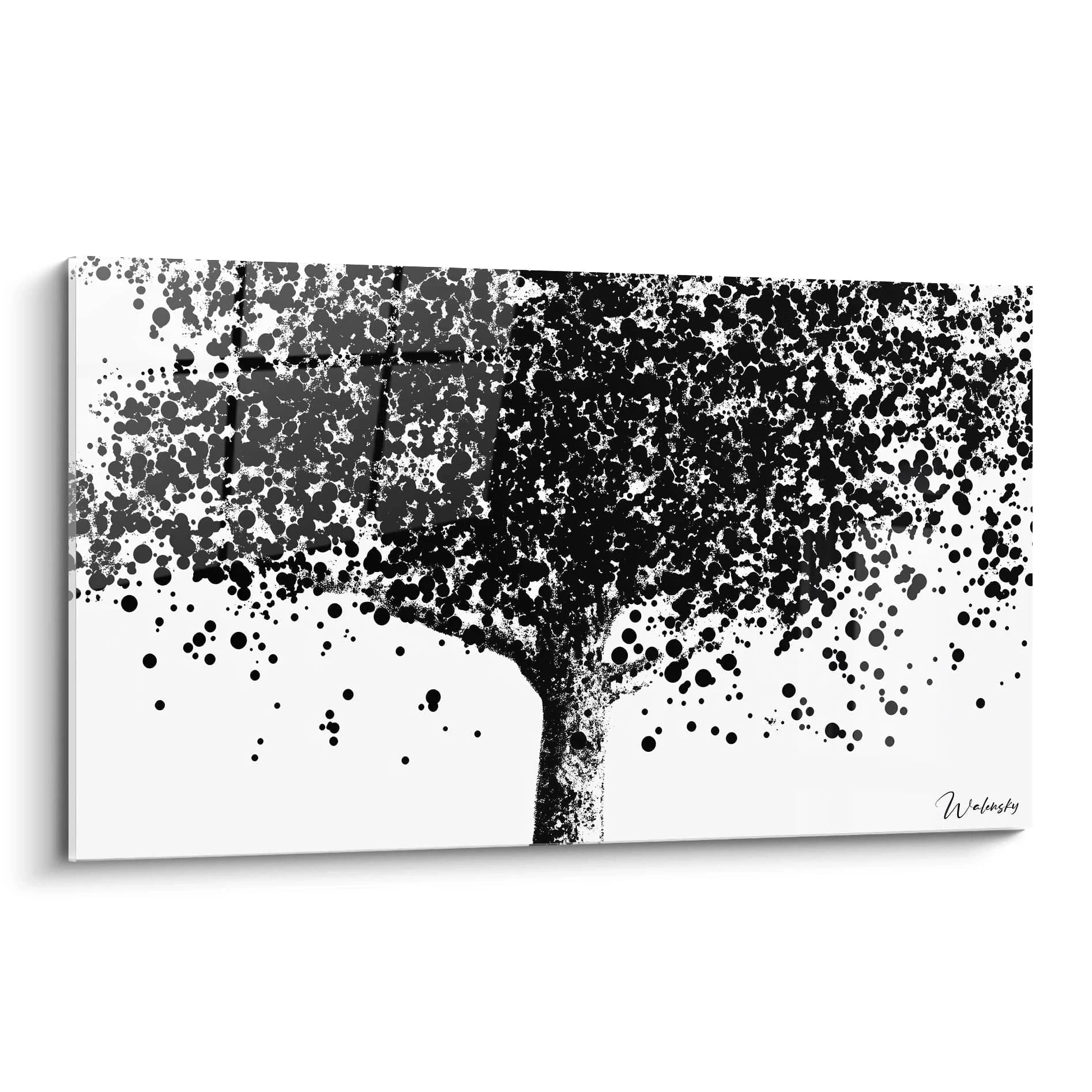 Tableau tacheté noir et blanc de Walensky représentant un arbre stylisé avec des éclaboussures artistiques