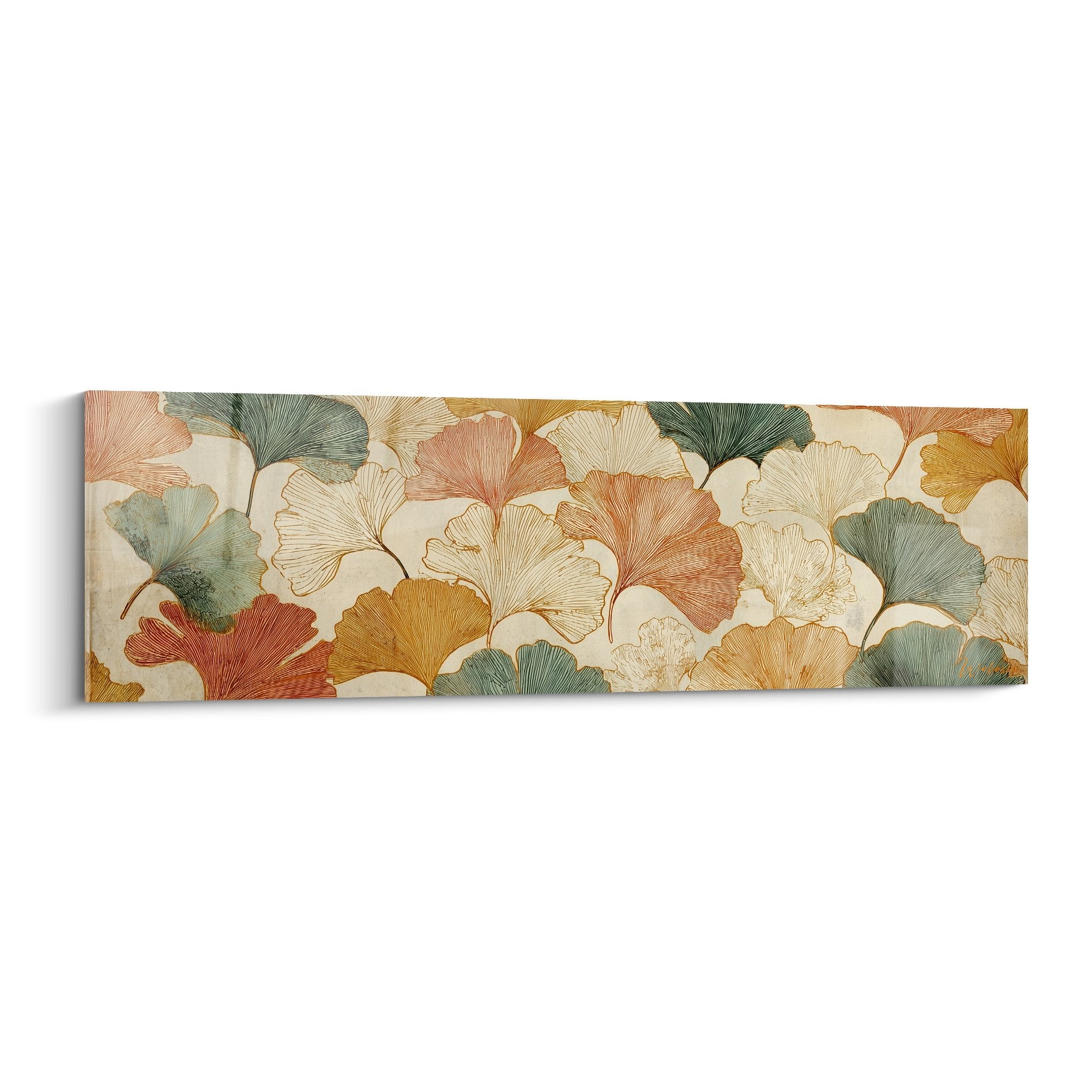 Tableau panoramique feuilles ginkgo tons ocre beige vert automne superposees fond clair decoration murale naturelle