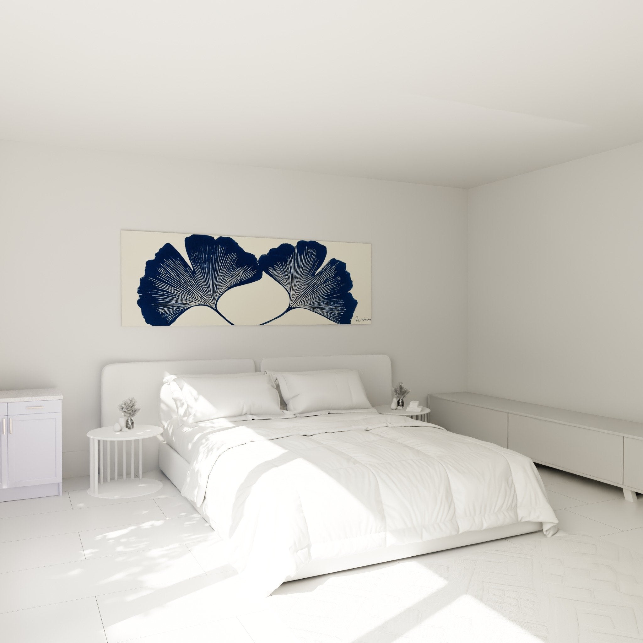 Tableau ginkgo bleu marine au dessus lit chambre moderne décoration murale botanique zen