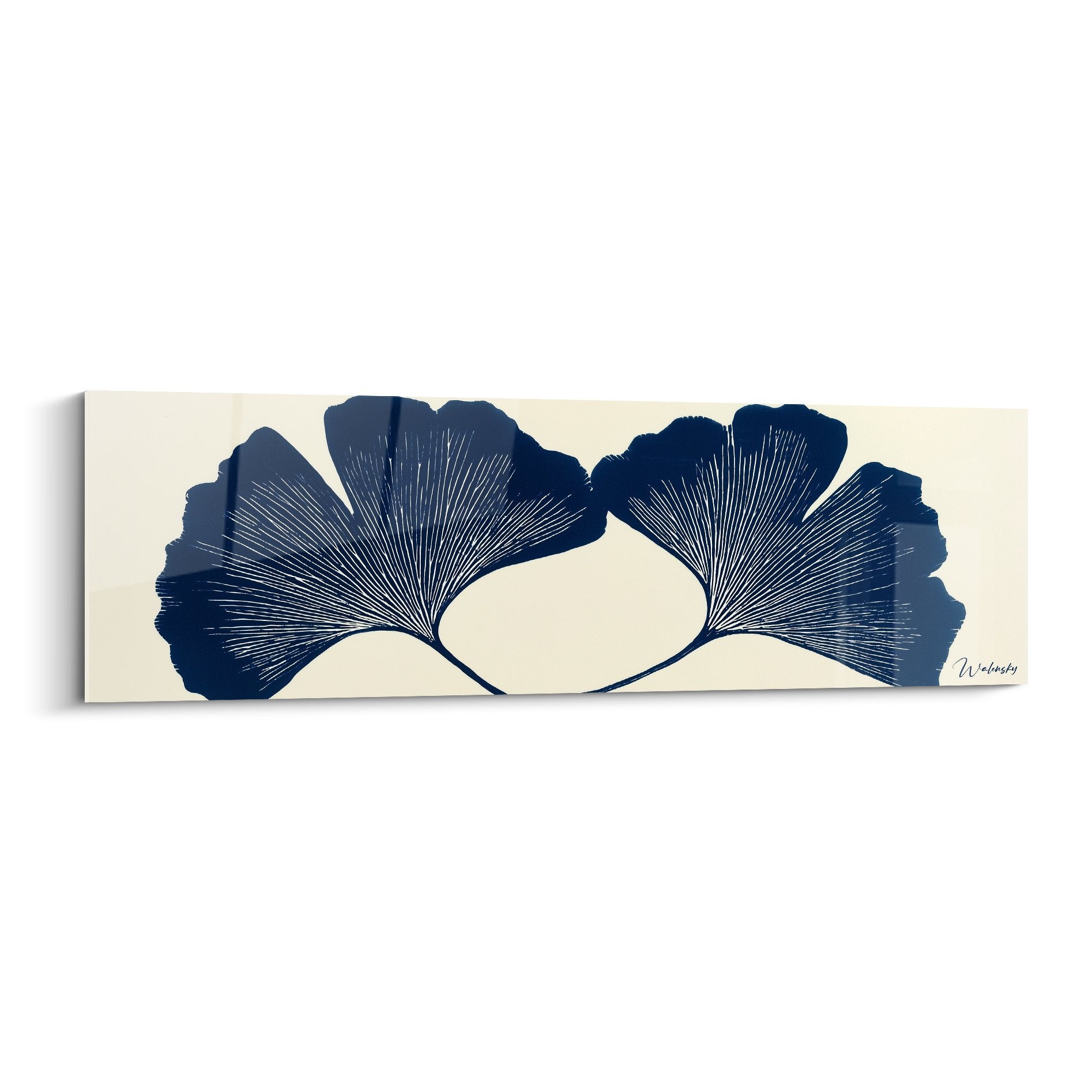 Tableau moderne deux feuilles ginkgo bleu marine symétriques fond crème art botanique horizontal