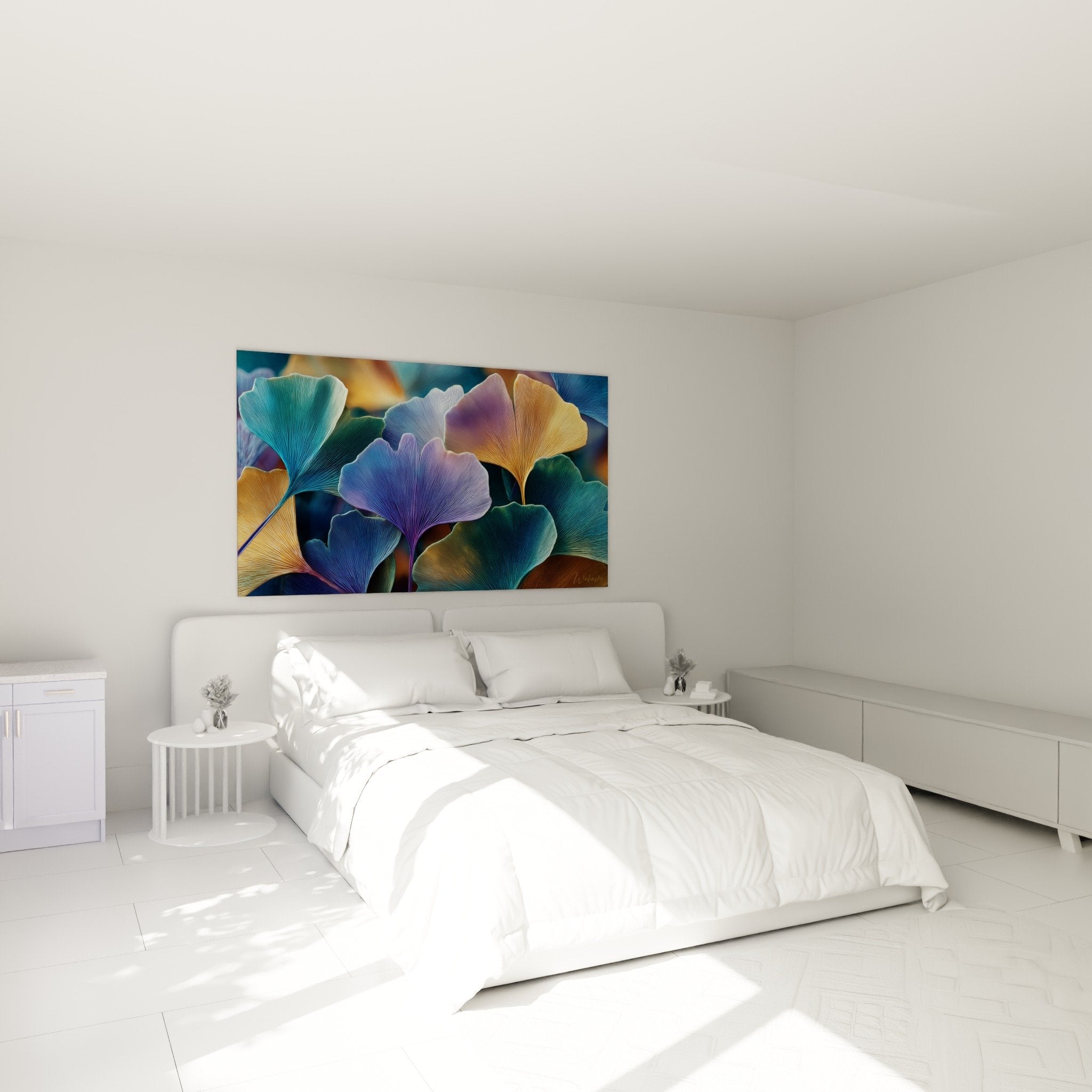 Blue and gold ginkgo wall art in contemporary bedroom, soothing nature wall decoration zen
