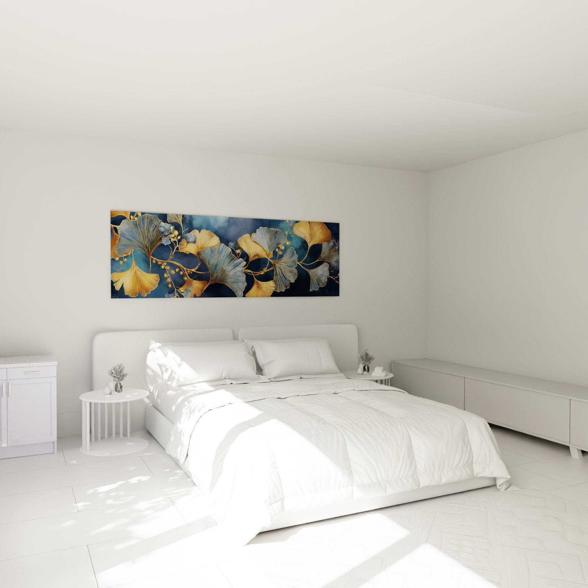 Tableau Ginkgo feuillage doré bleu marine au-dessus lit chambre décoration murale élégante