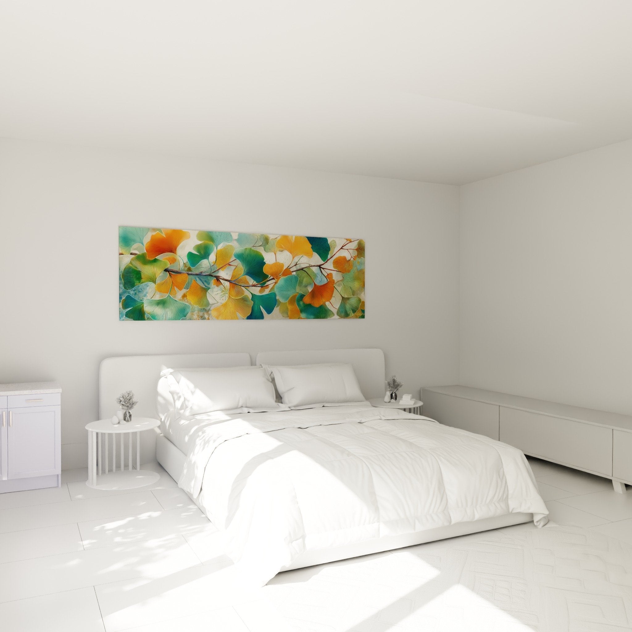 Tableau Ginkgo doré et turquoise accroché au-dessus d'un lit dans chambre aux tons neutres et apaisants