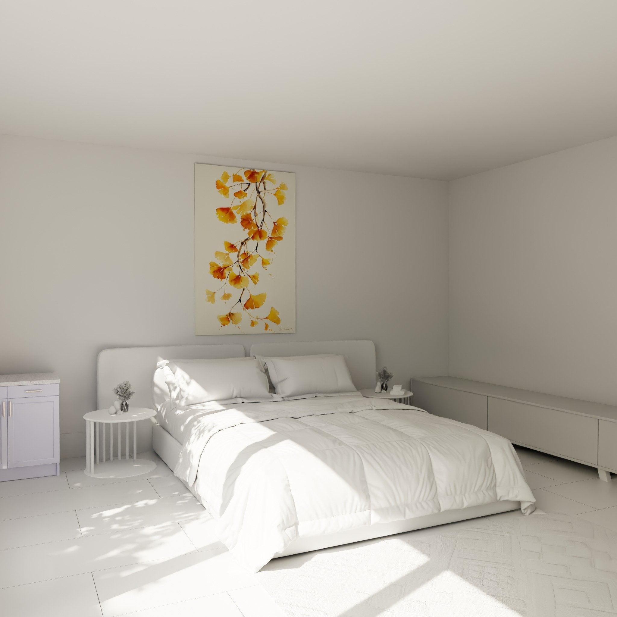 Tableau ginkgo doré dans chambre moderne avec murs clairs et mobilier bois naturel, ambiance zen
