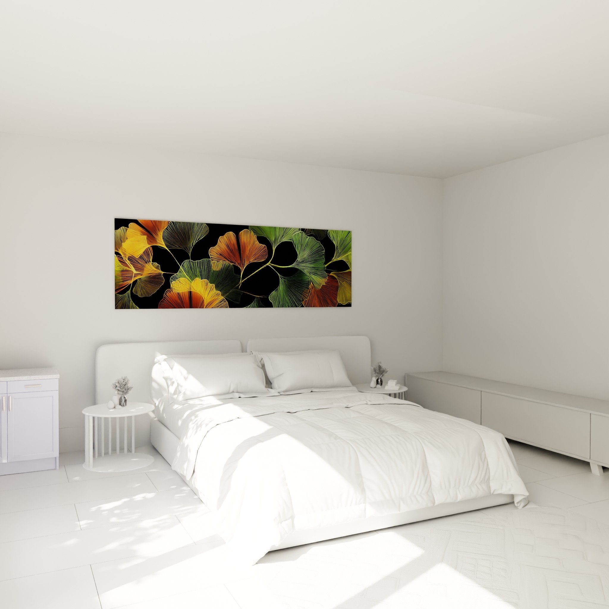 Tableau ginkgo multicolore dans chambre moderne mur blanc decoration murale elegante feuilles dorees