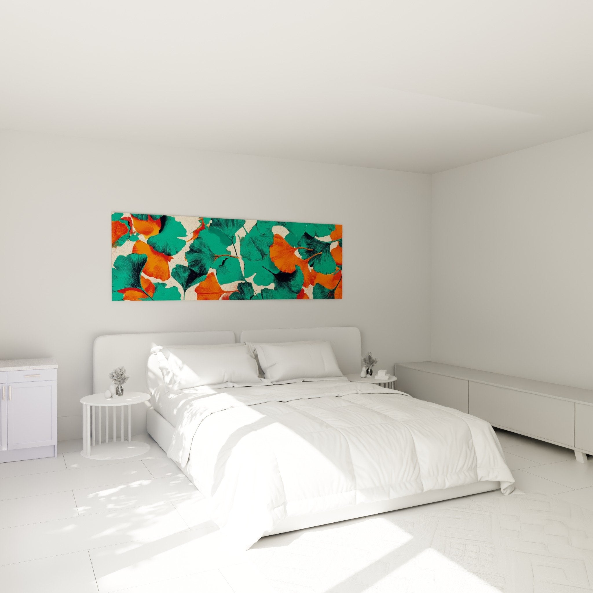 Tableau ginkgo turquoise orange au mur chambre moderne avec lit et decoration contemporaine