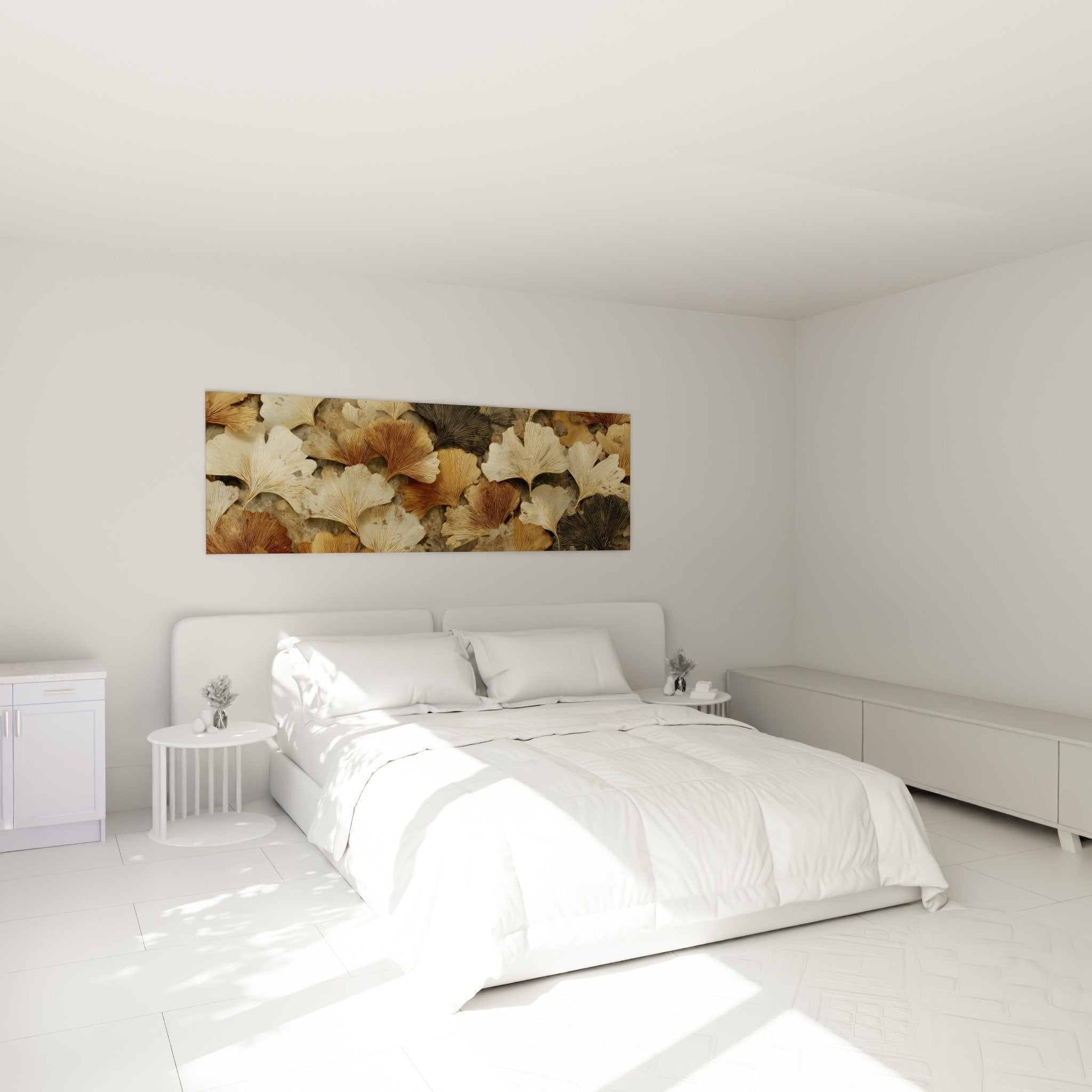 Tableau Ginkgo tons cuivrés dorés dans chambre ambiance zen mur blanc mobilier bois naturel