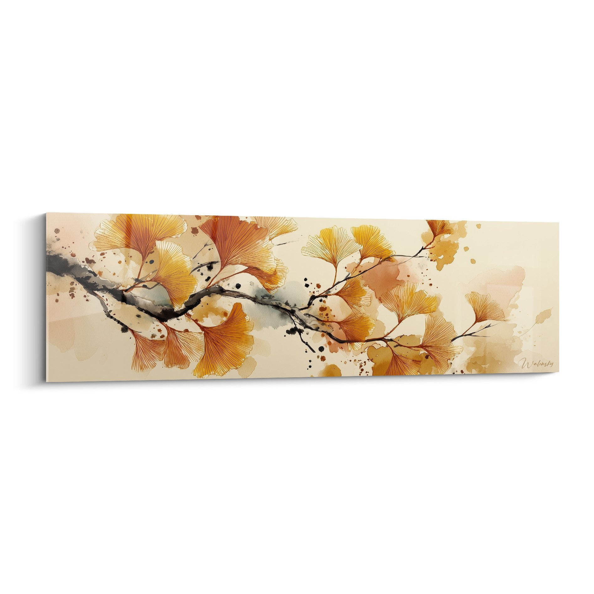 Tableau panoramique branche ginkgo feuilles dorees orangees fond beige art zen automnal decoration murale