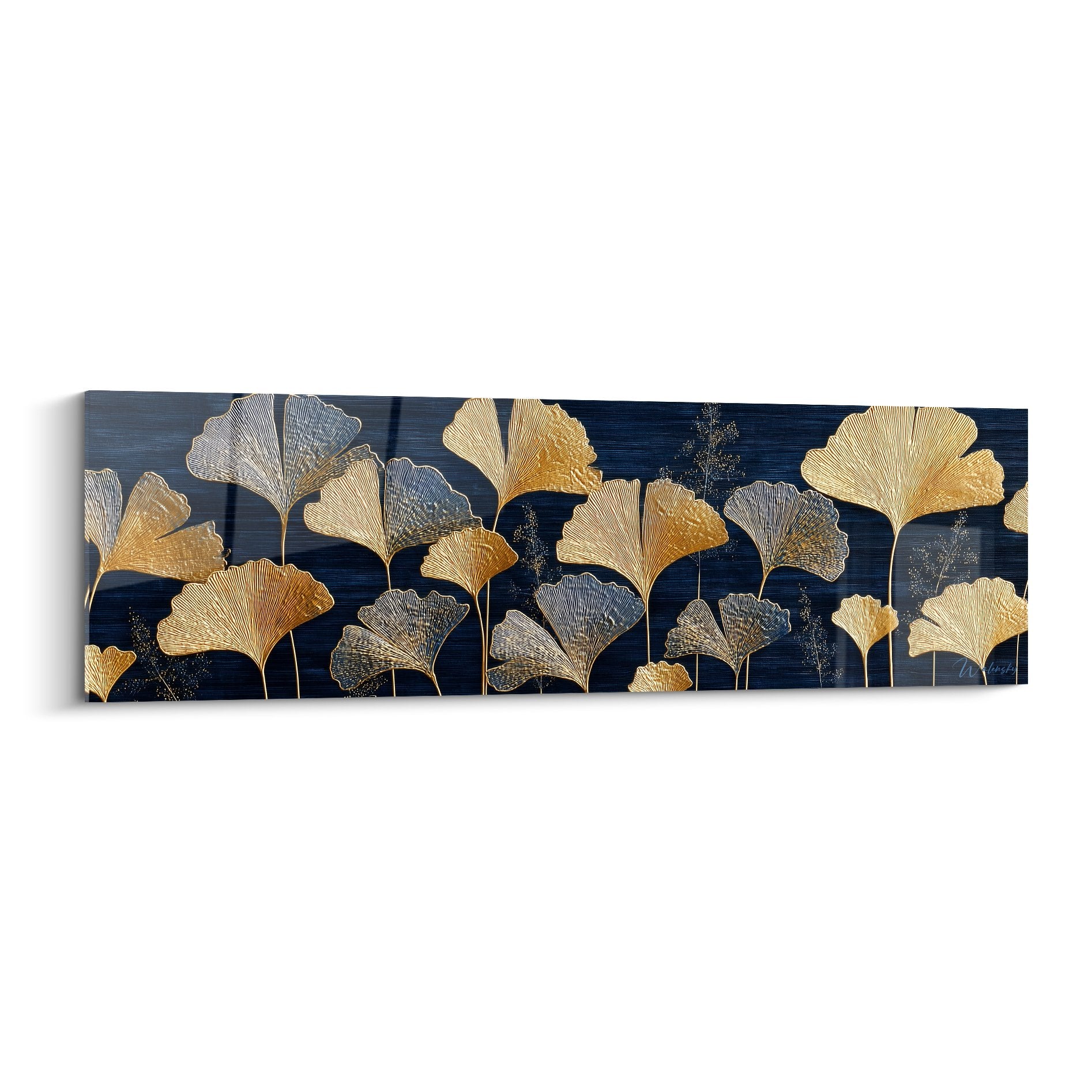 Tableau panoramique feuilles ginkgo dorees cuivrees fond bleu marine decoration murale elegante
