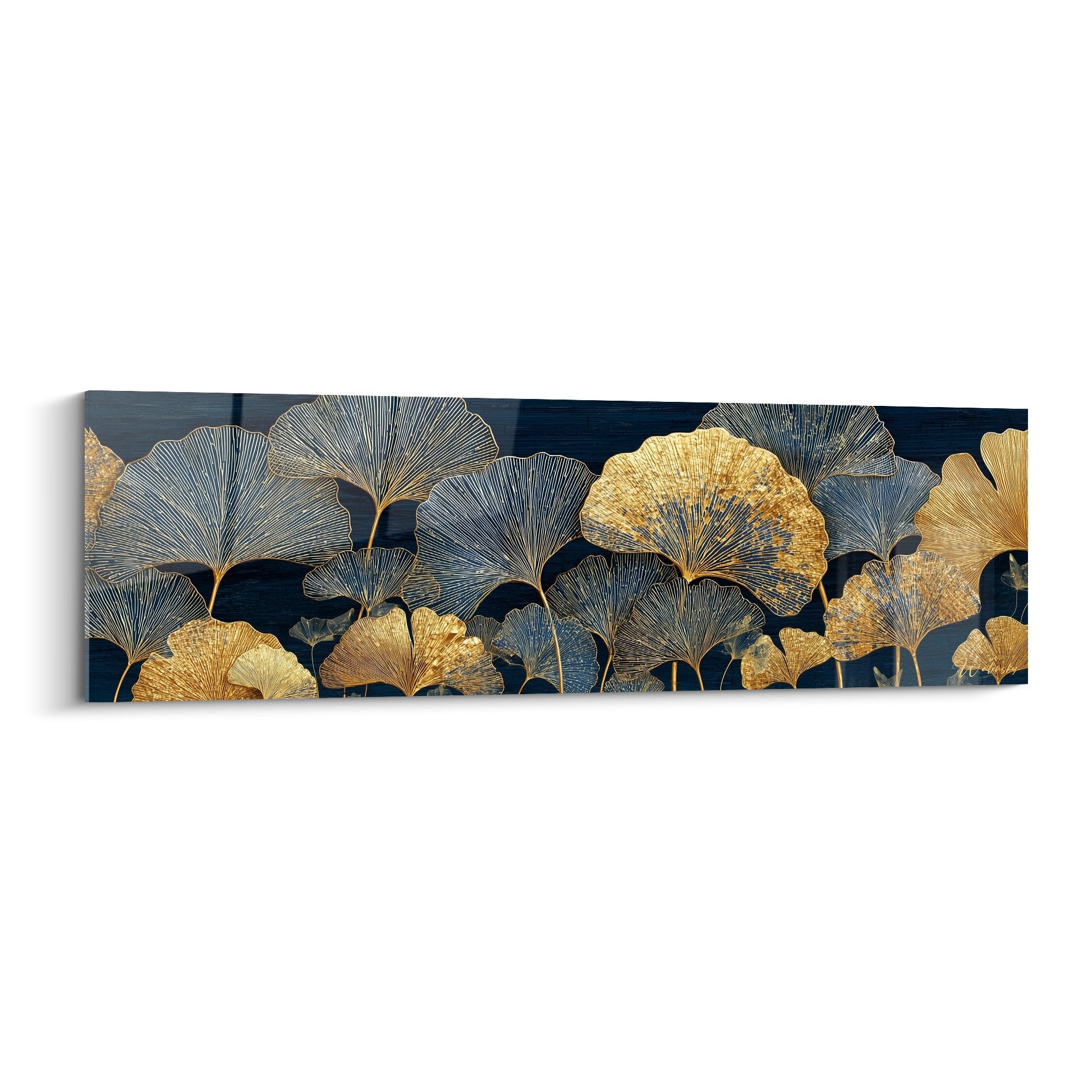Tableau décoratif feuilles de Ginkgo dorées et bleues sur fond marine avec nervures métalliques détaillées