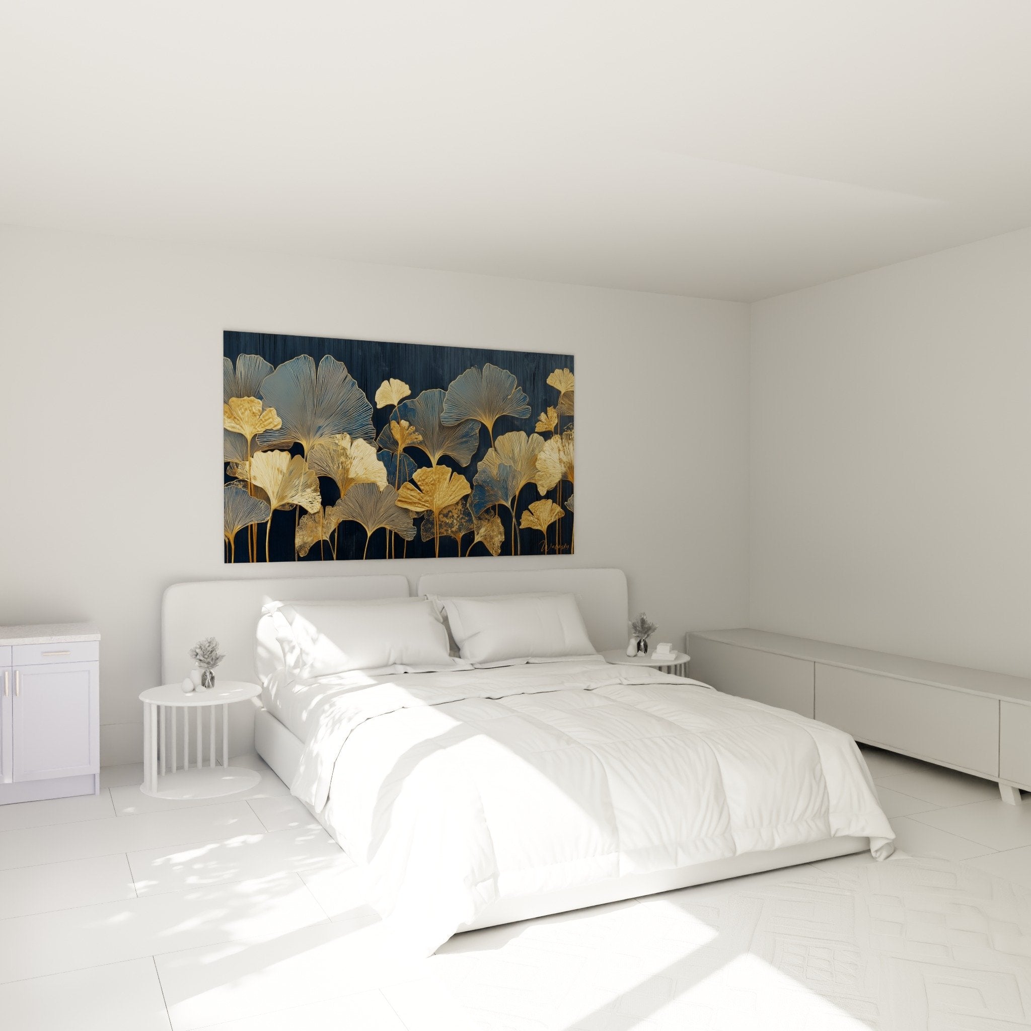 Tableau ginkgo dore bleu marine dans chambre moderne decoration murale vegetale apaisante