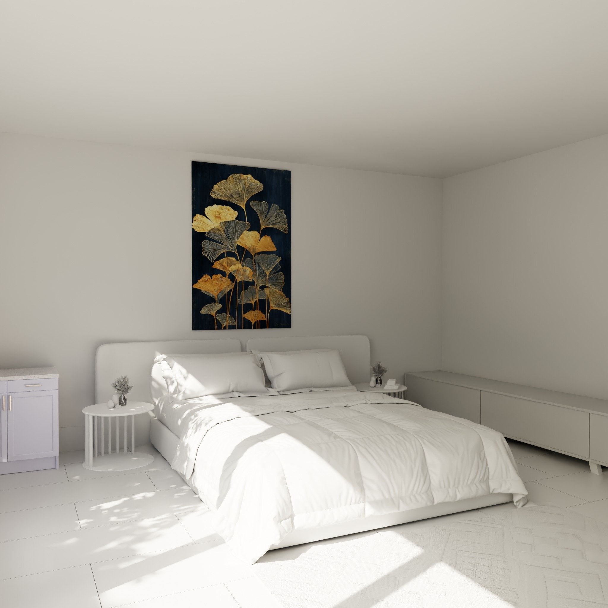 Tableau ginkgo dore bleu dans chambre moderne decoration murale botanique elegante