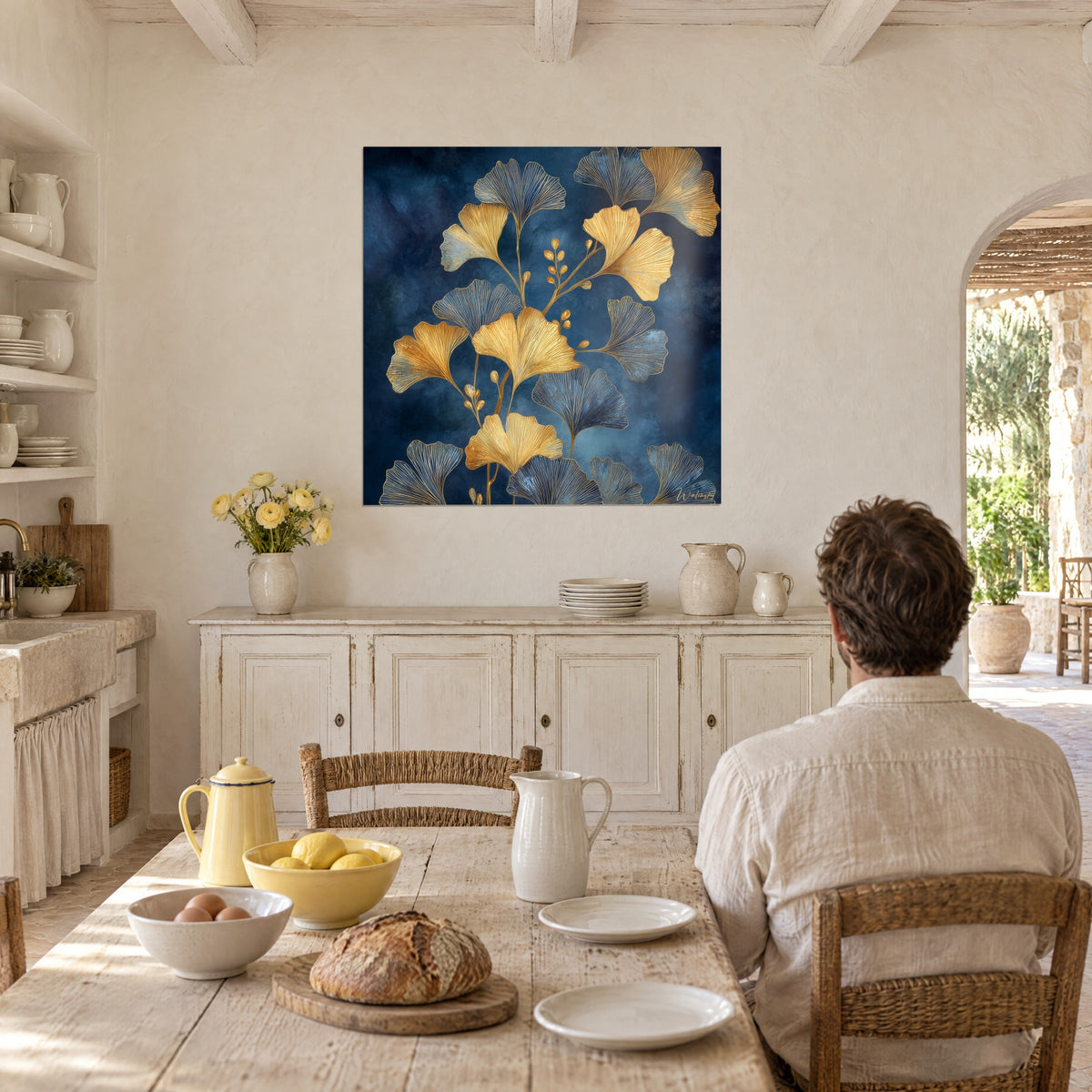 Quadro botanico con foglie a ventaglio giallo oro su fondo blu profondo, di fronte a un uomo seduto al tavolo, in una cucina di mas