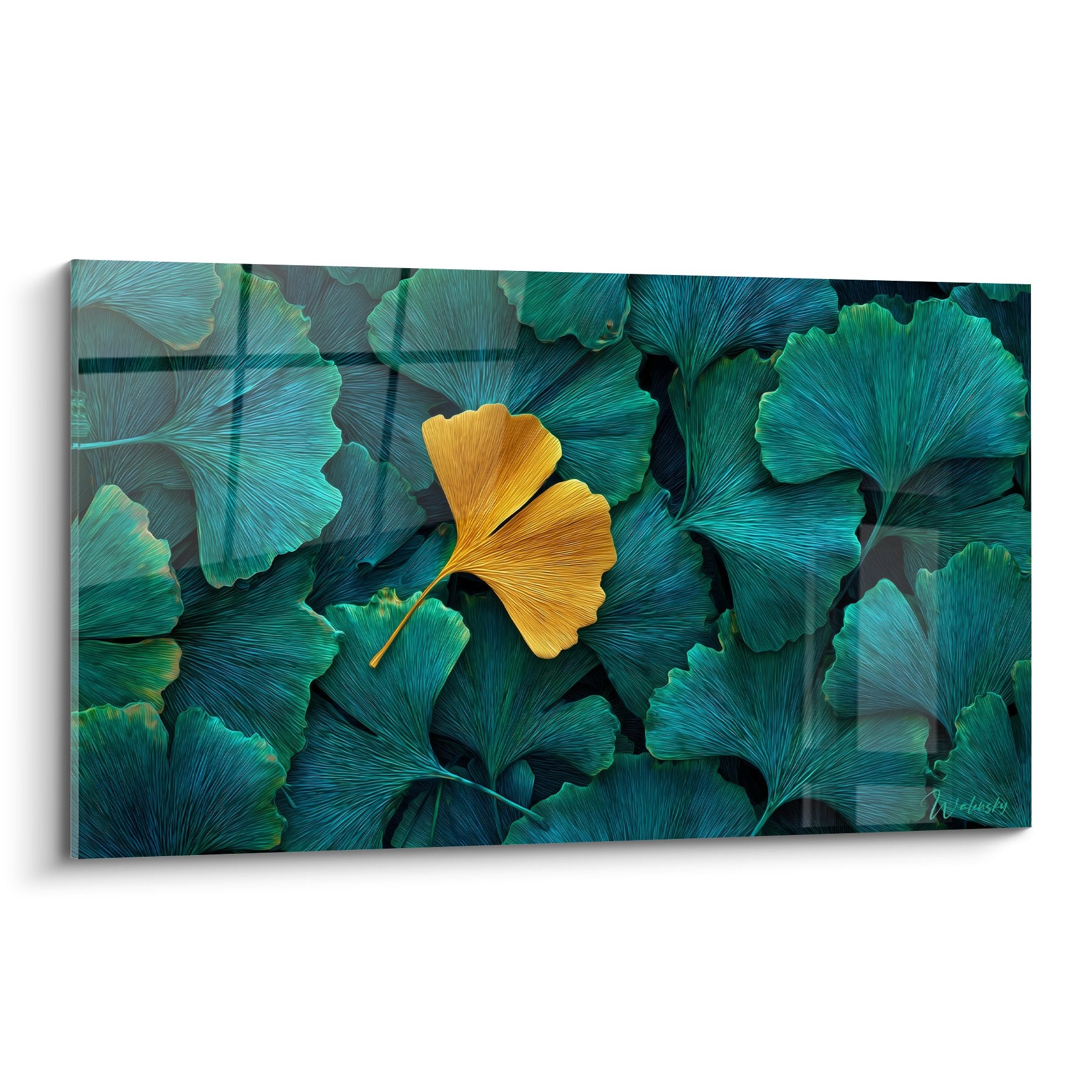Tableau botanique feuille ginkgo doree sur feuillage turquoise bleu-vert contraste saisissant art mural contemporain
