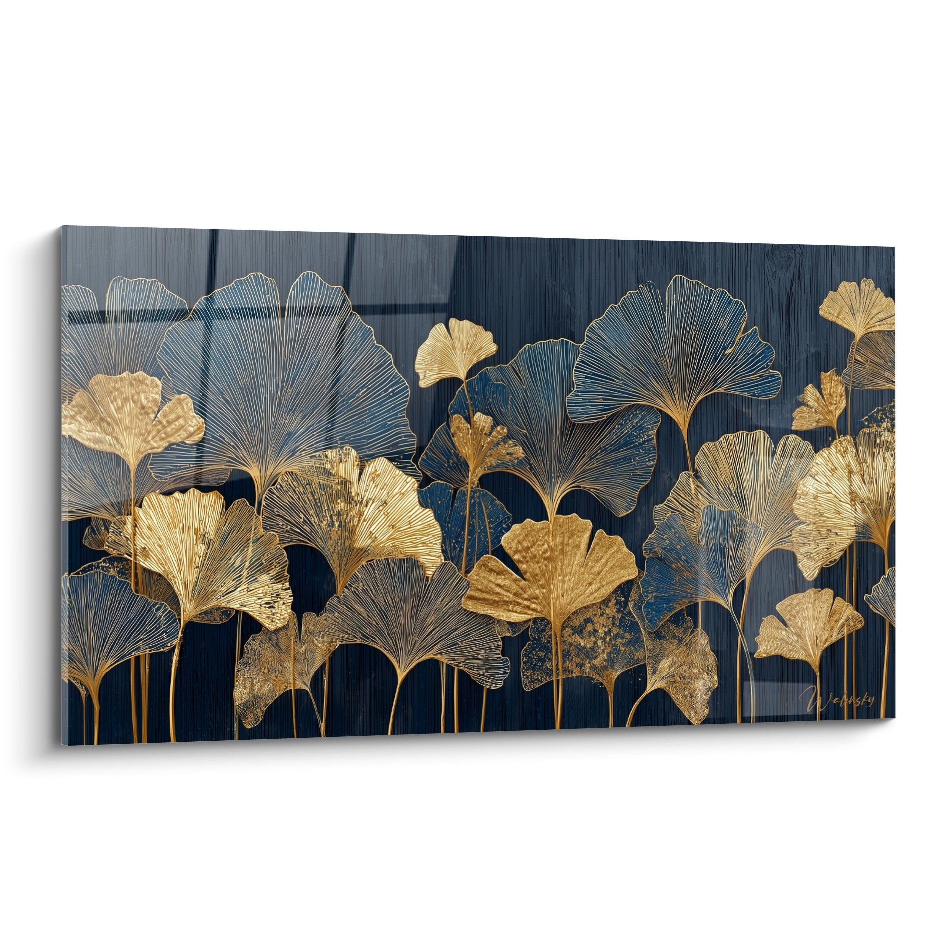 Tableau decoratif feuilles ginkgo dorees sur fond bleu marine style botanique elegant