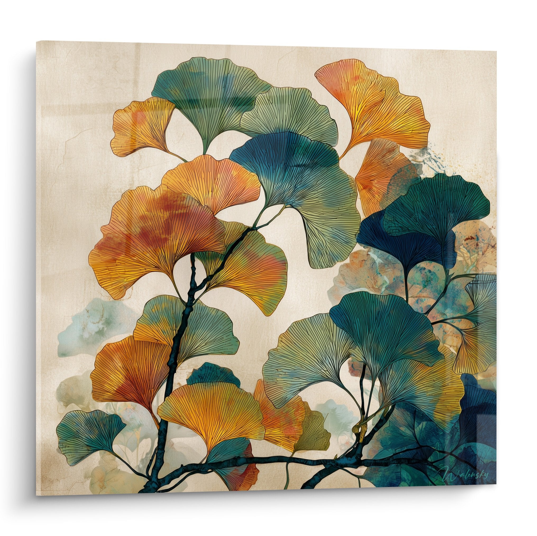 Tableau moderne feuilles de Ginkgo dorées et bleu-vert sur branches noires fond beige texturé