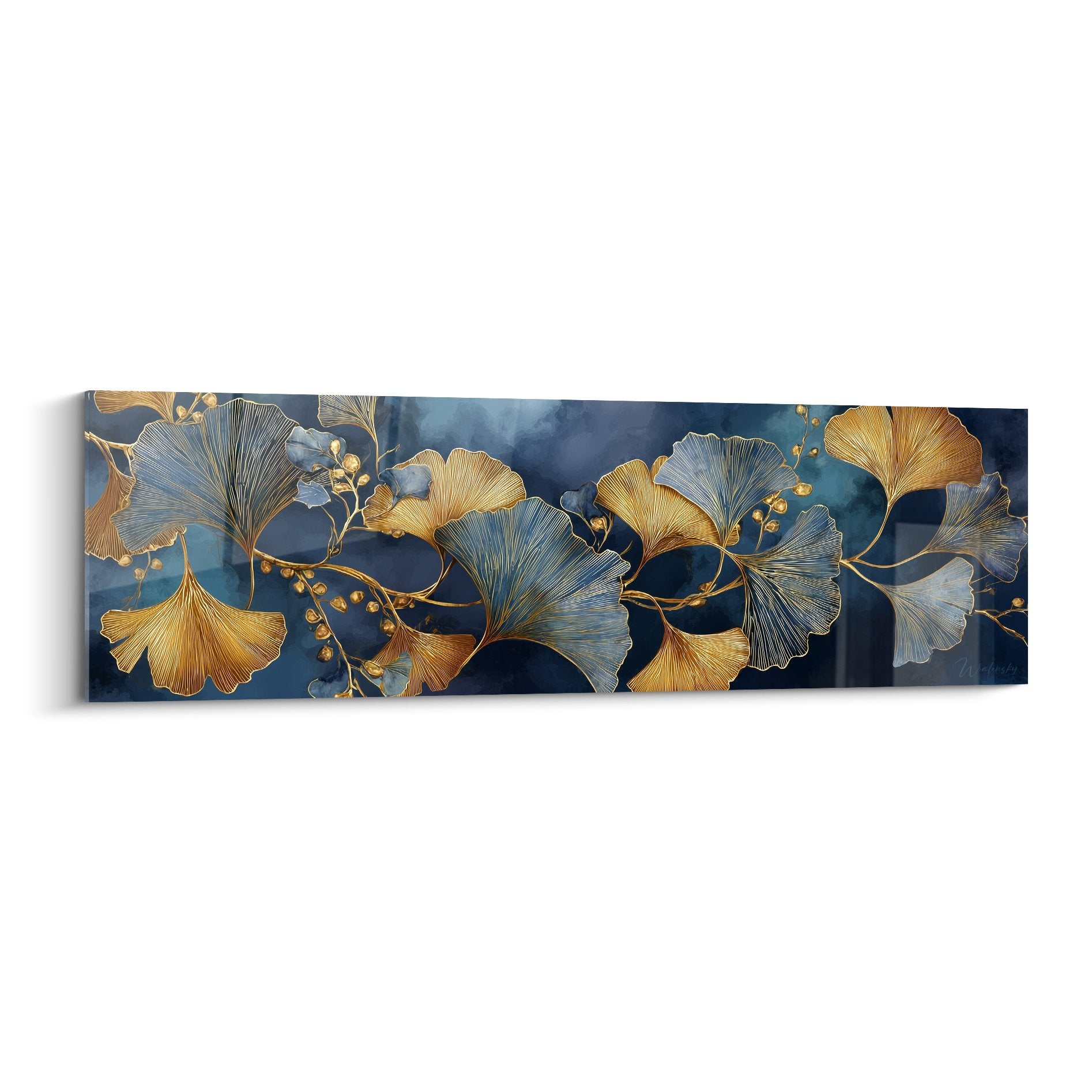 Tableau feuilles de Ginkgo dorées et bleues sur fond marine, art mural luxueux format panoramique