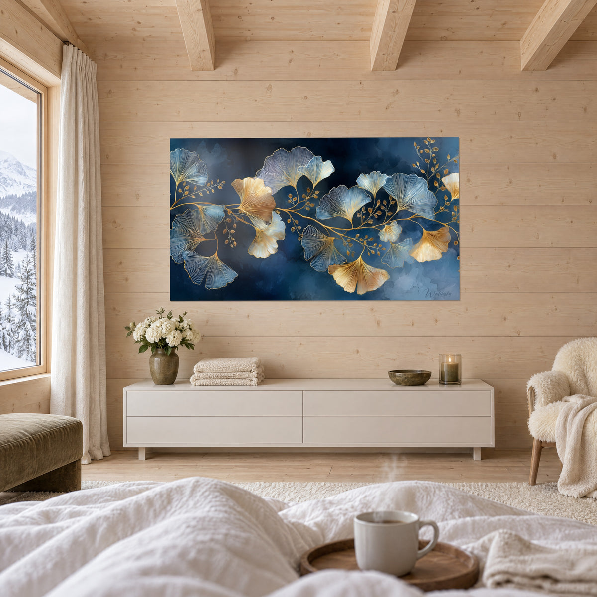 Quadro di un ramo di ginkgo con foglie ambra e blu ghiacciaio su sfondo indaco, sopra un letto in una camera luminosa