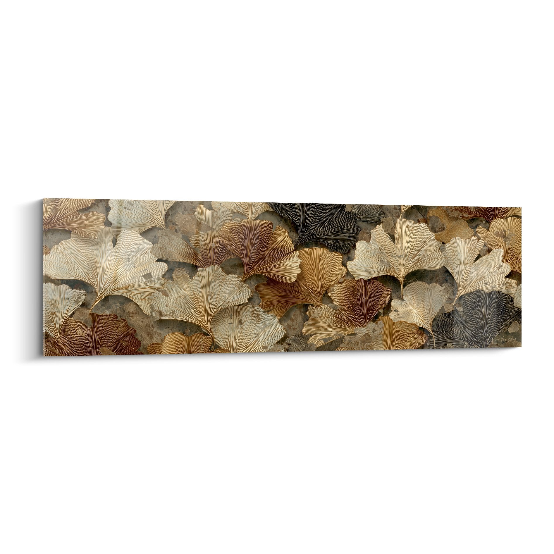 Tableau panoramique feuilles de Ginkgo dorées cuivrées sur fond texturé beige ocre style naturel zen