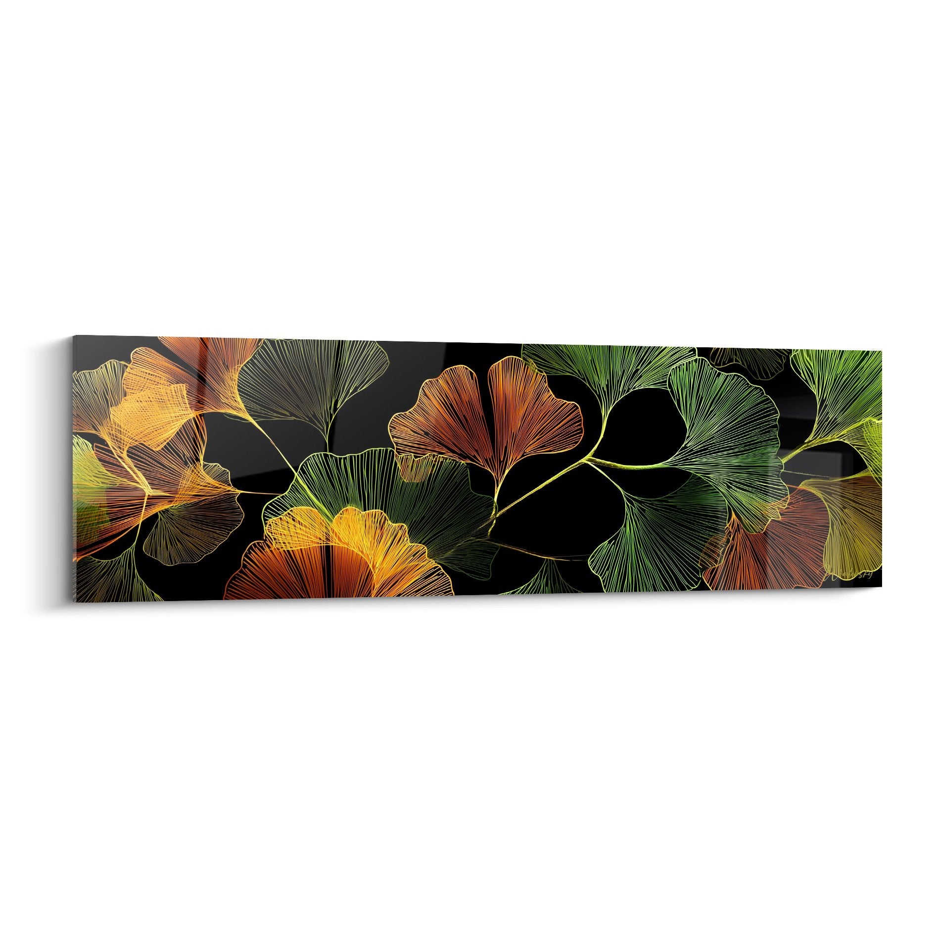Tableau panoramique feuilles de ginkgo dorees et vertes sur fond noir avec nervures lumineuses edition ginkgo