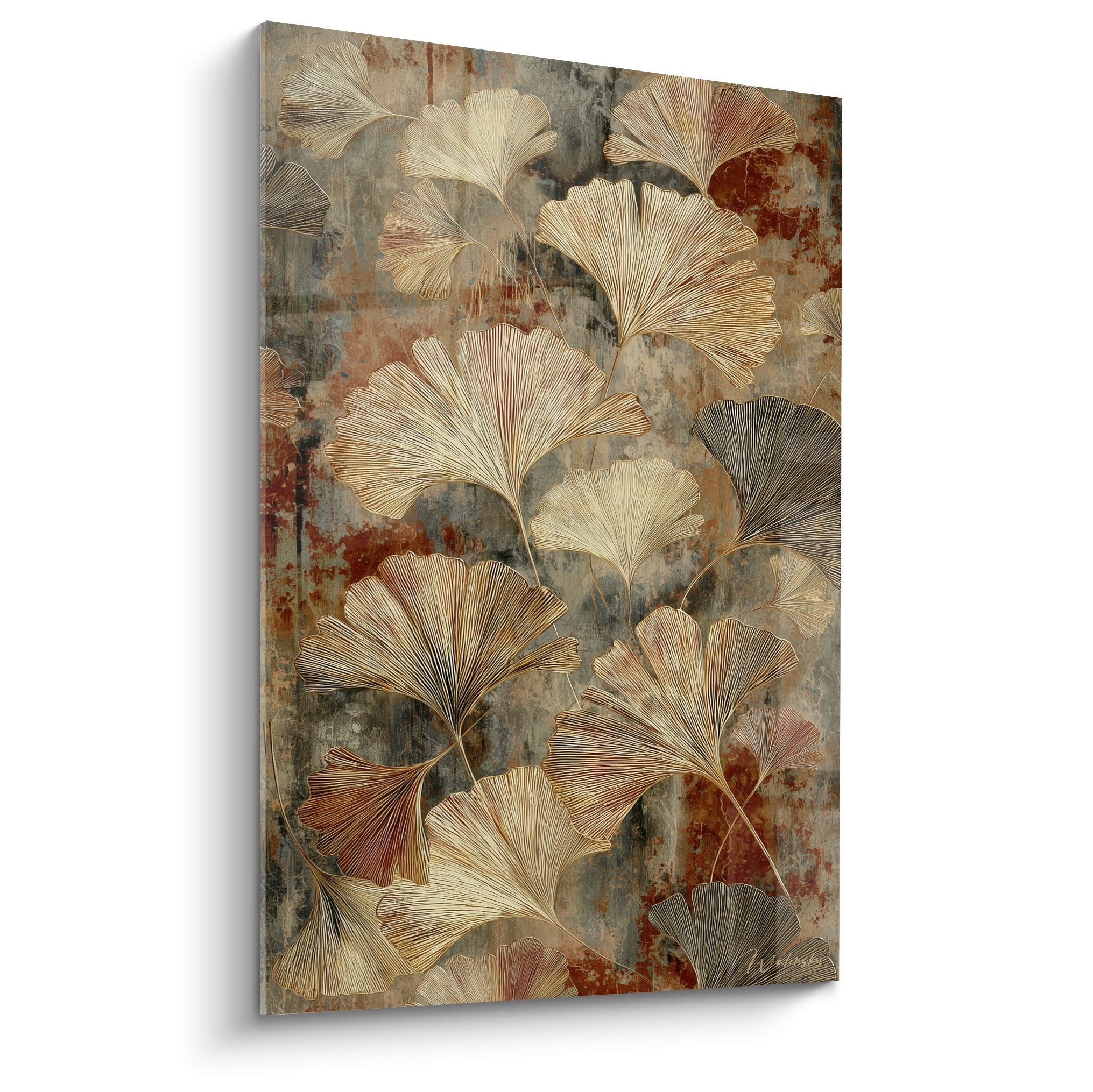 tableau mural feuilles ginkgo dorees gravees fond patine rouille gris decoration murale