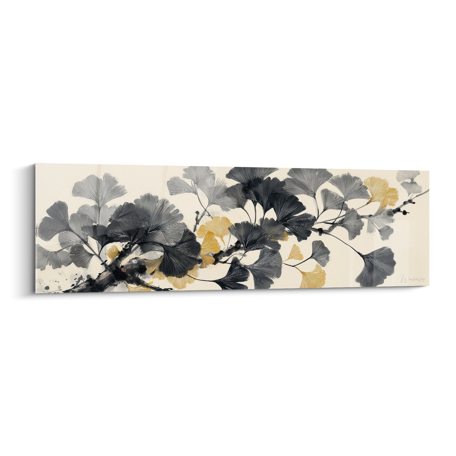 Tableau horizontal feuilles ginkgo grises et dorees sur branche encre noire fond beige style japonisant