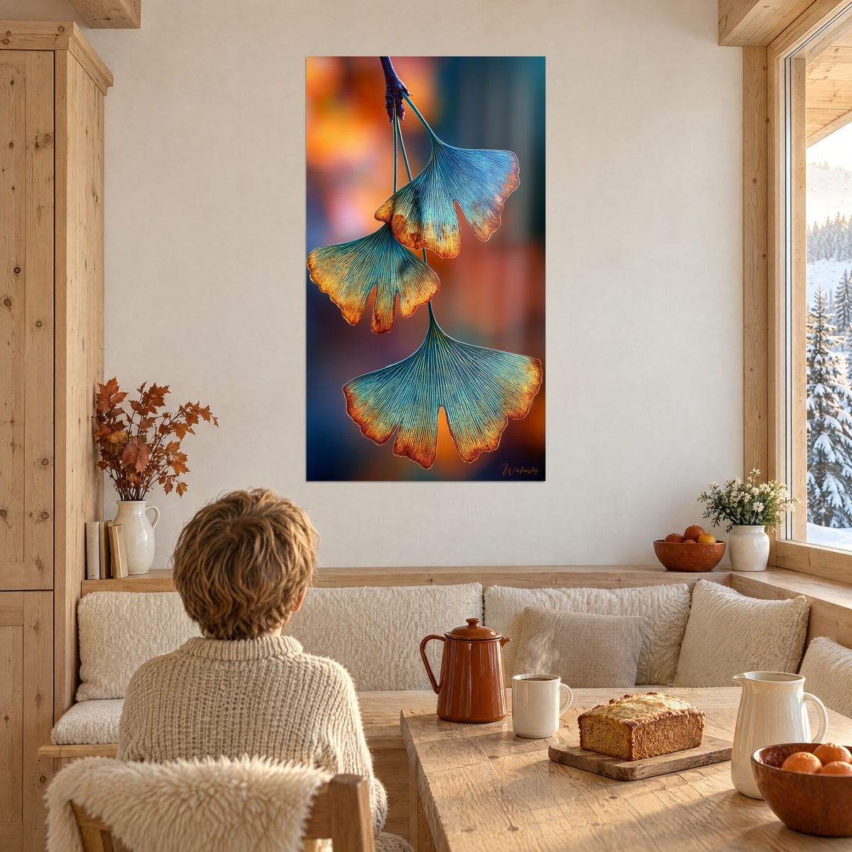 Quadro ramo di ginkgo appeso, nervature sottili petrolio e arancio ramato, soggiorno chalet, persona di spalle