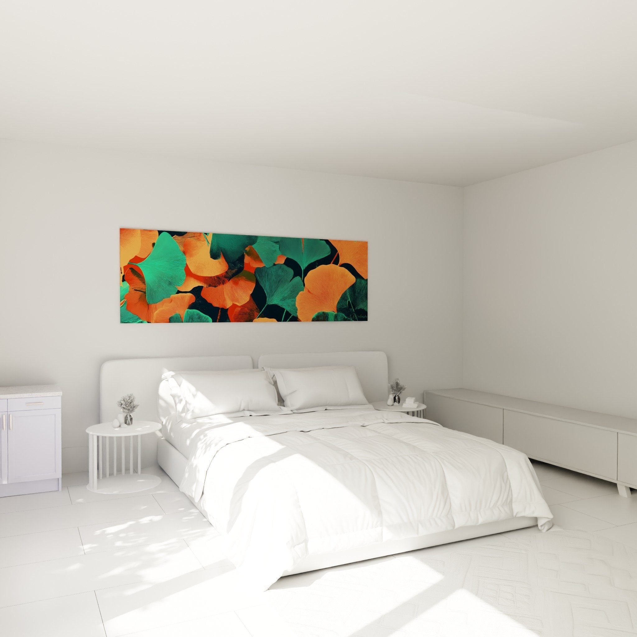 Tableau ginkgo orange turquoise au dessus lit chambre moderne decoration murale panoramique