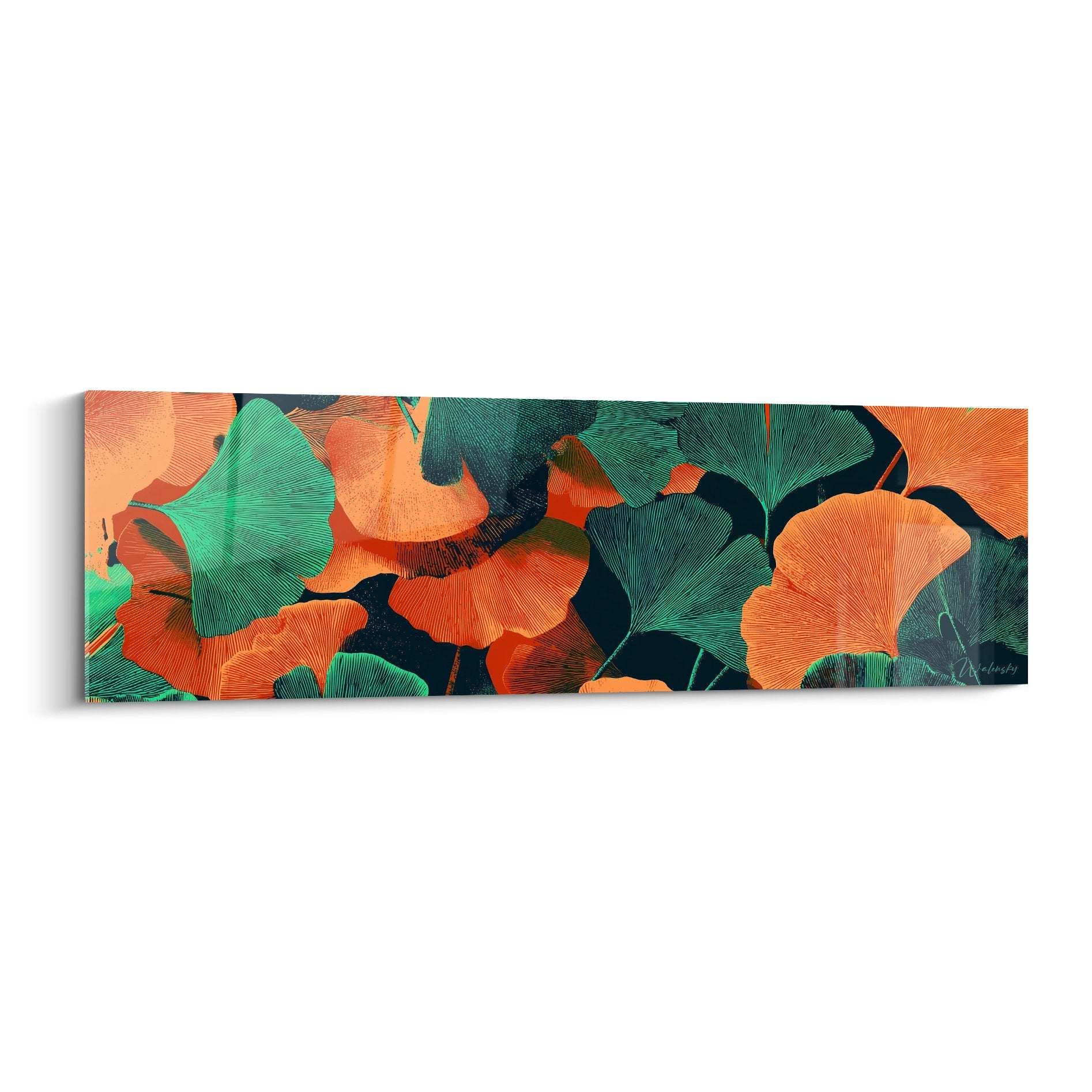 Tableau panoramique feuilles ginkgo orange turquoise texture striée format horizontal art moderne