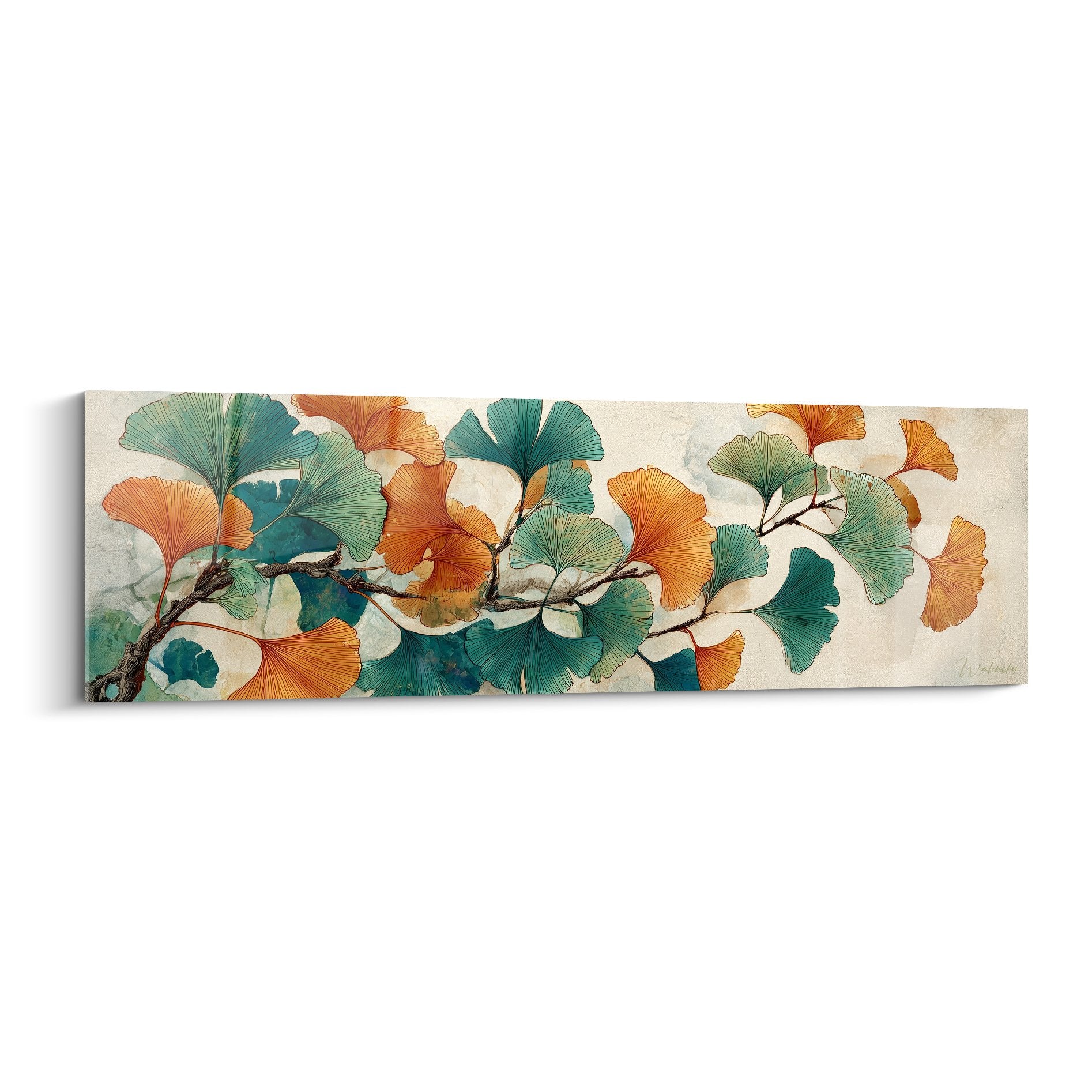 Tableau moderne feuilles ginkgo turquoise orange branches beige décoration murale botanique