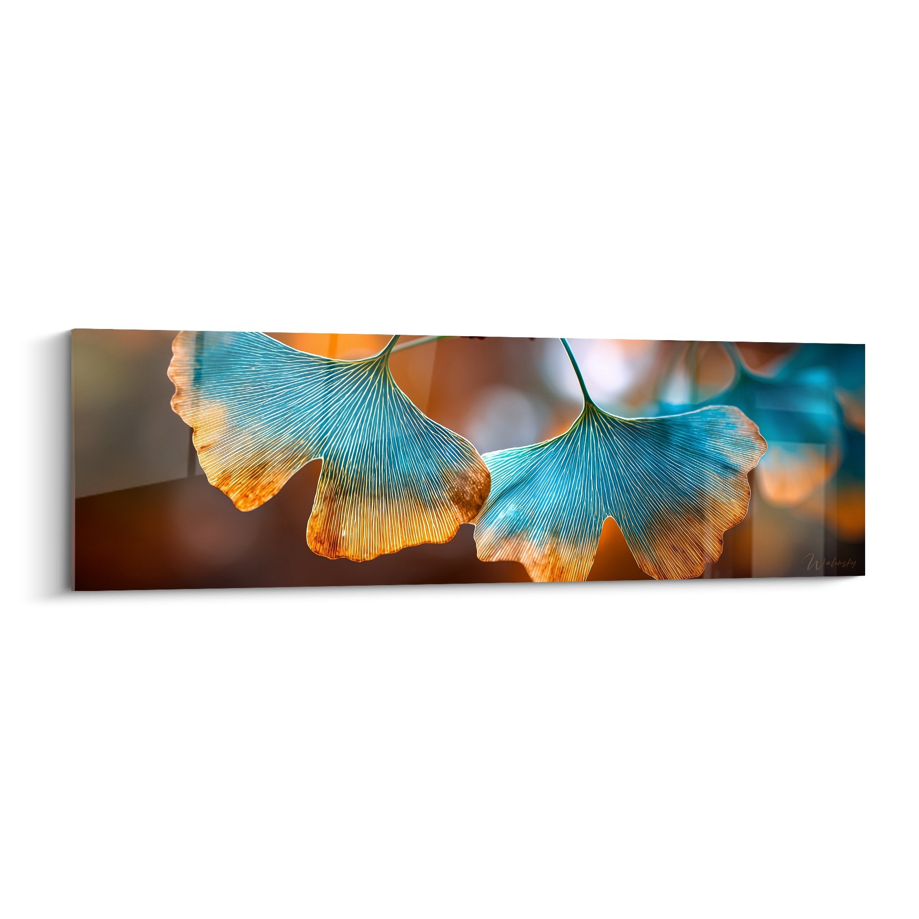 Tableau moderne feuilles ginkgo dégradé turquoise orange lumière dorée format panoramique décoration murale naturelle