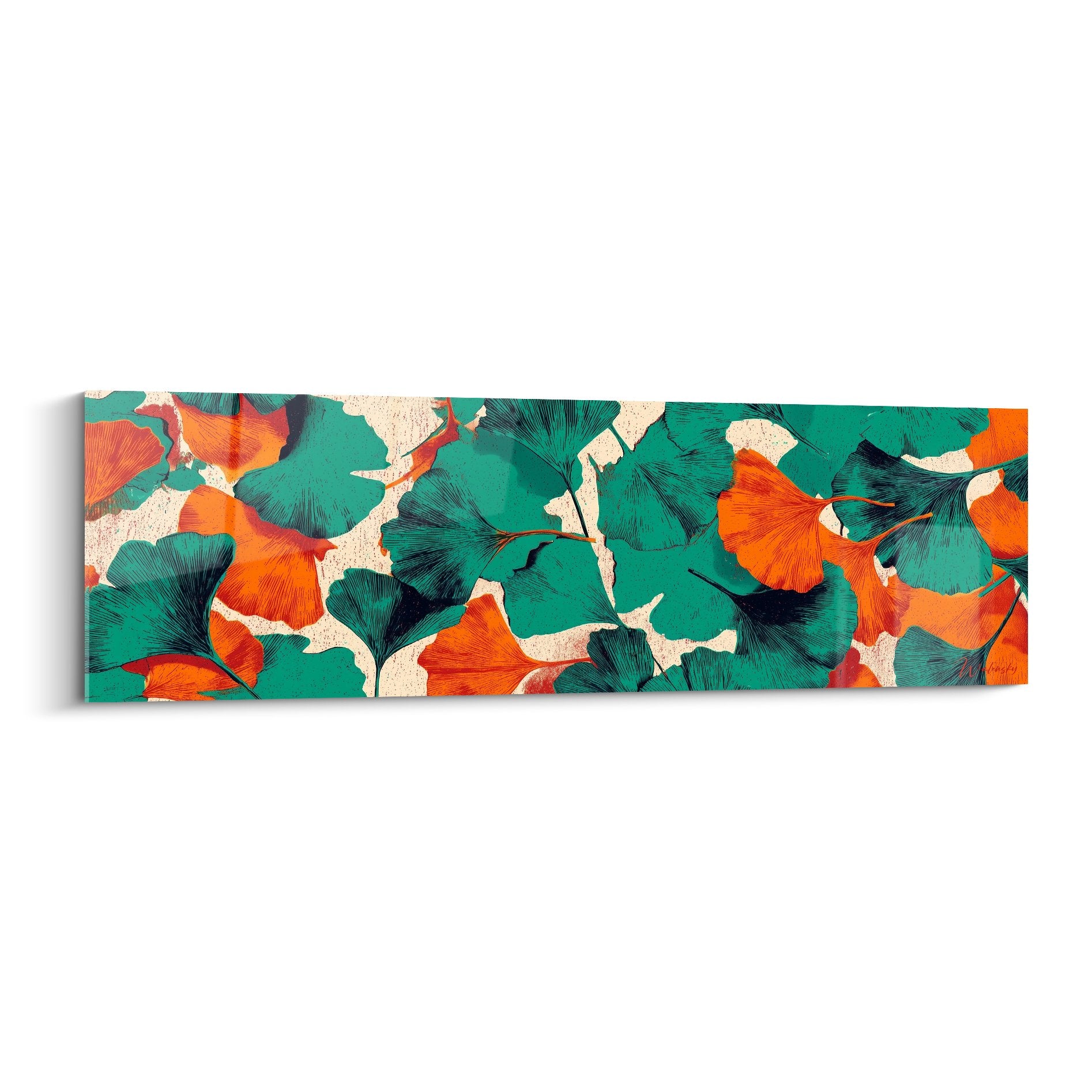 Tableau panoramique feuilles ginkgo turquoise orange fond beige decoration murale moderne