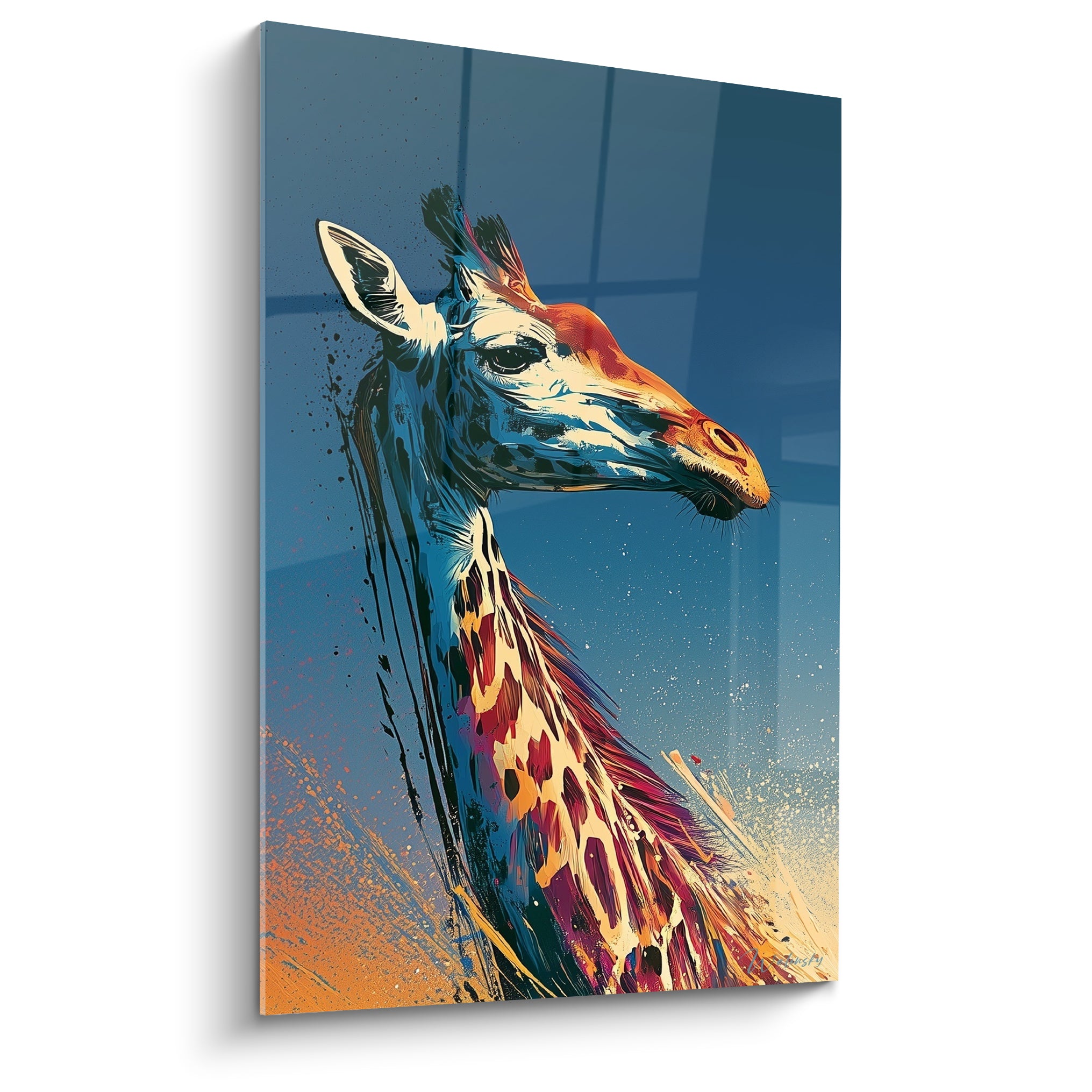 Girafe au cou tacheté bordeaux et doré, fond bleu marine dégradé, style éclaboussé