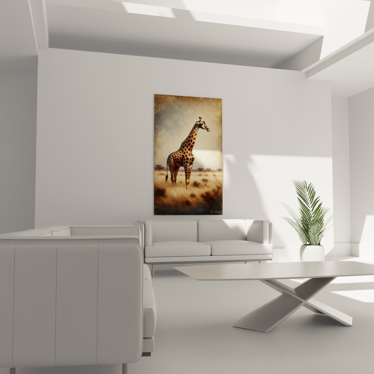 Girafe dorée aux taches terracotta suspendue au-dessus d'un canapé dans un salon lumineux