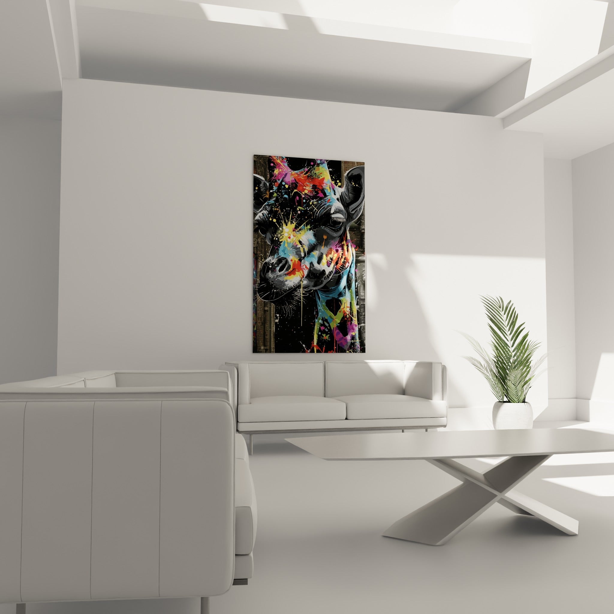 Tête de girafe noire striée de peinture bleue et verte, suspendue au-dessus d'un canapé dans un salon lumineux