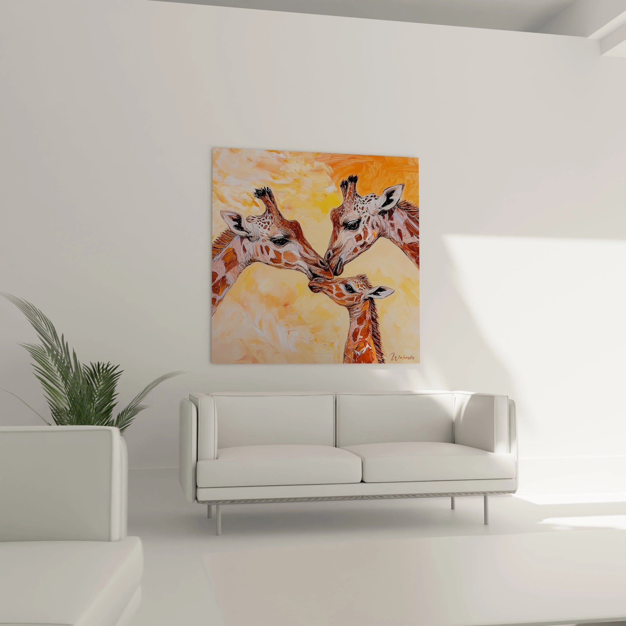 Tableau girafe coloré de Walensky, illustrant des girafes se saluant dans des tons orange et jaune