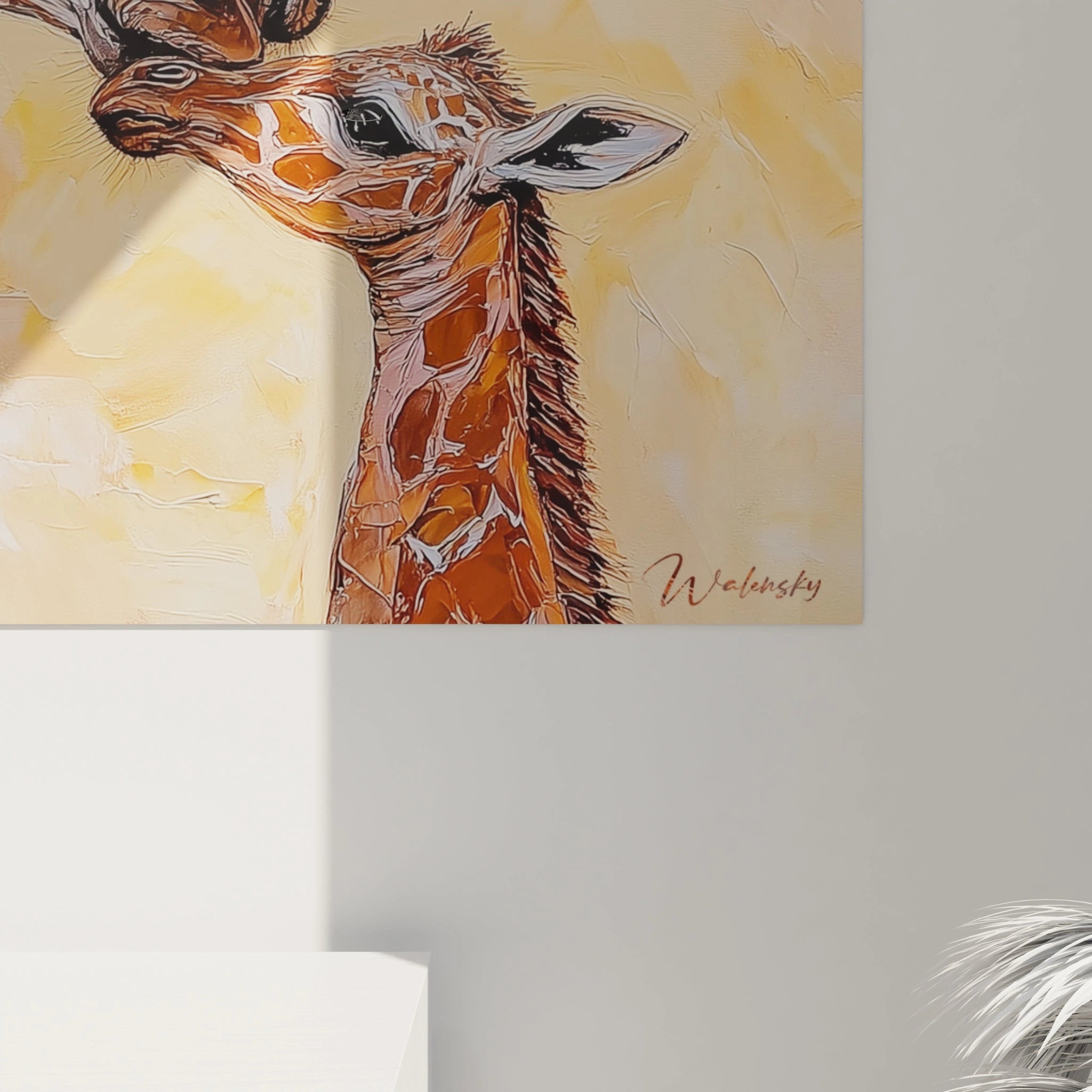 Tableau illustrant deux girafes avec des couleurs vives, signé par l'artiste Walensky