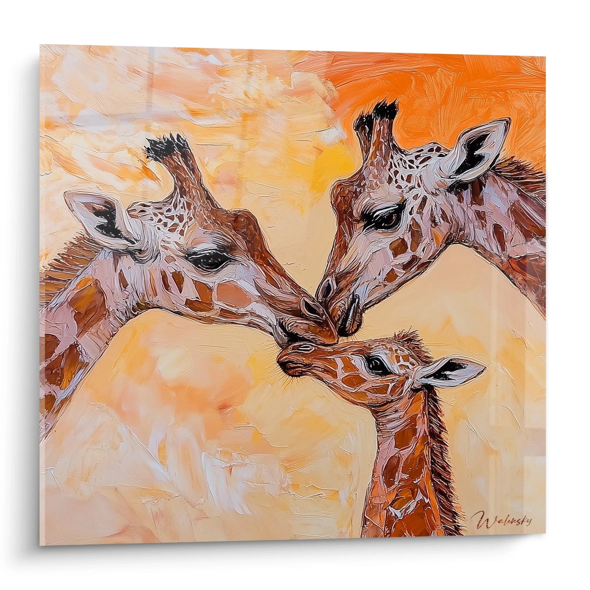 Tableau girafe de Walensky représentant trois girafes en pleine interaction sur fond orange