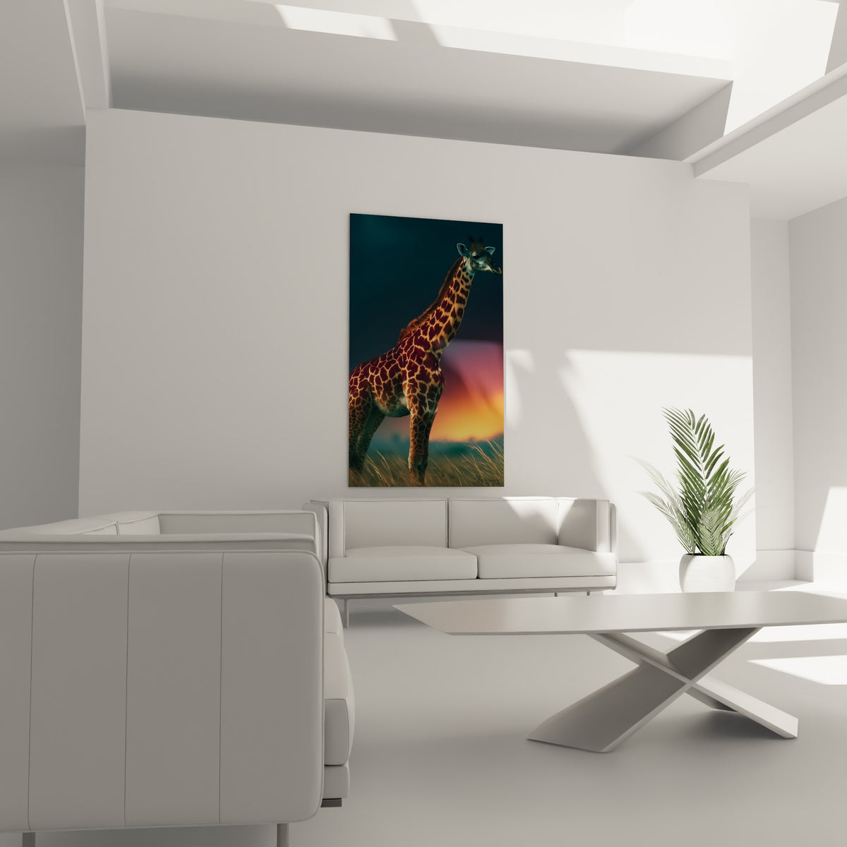 Silhouette de girafe dorée sur fond crépusculaire orangé au-dessus d'un canapé dans un salon lumineux