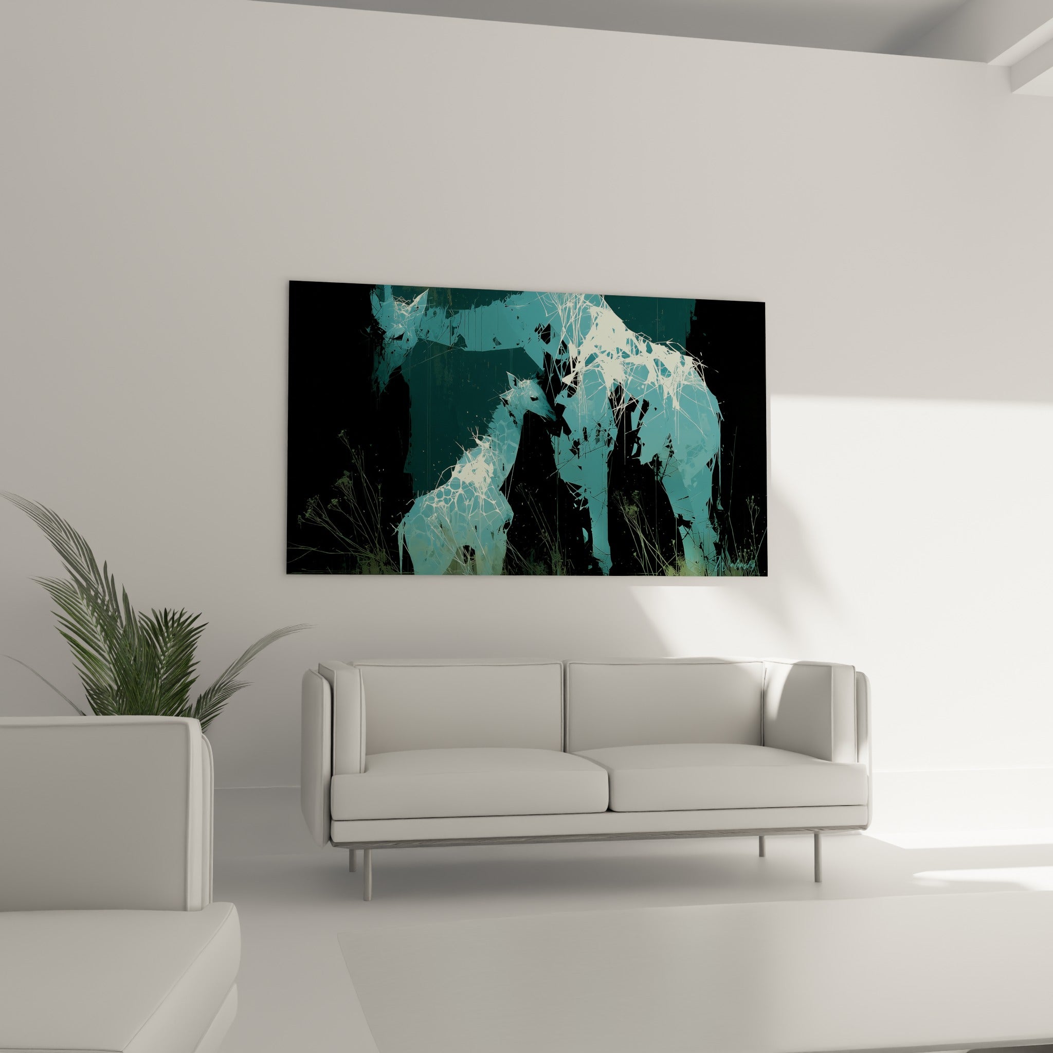 Duo de girafes graphiques en bleu pétrole et blanc éclaté au-dessus d'un canapé dans un salon lumineux