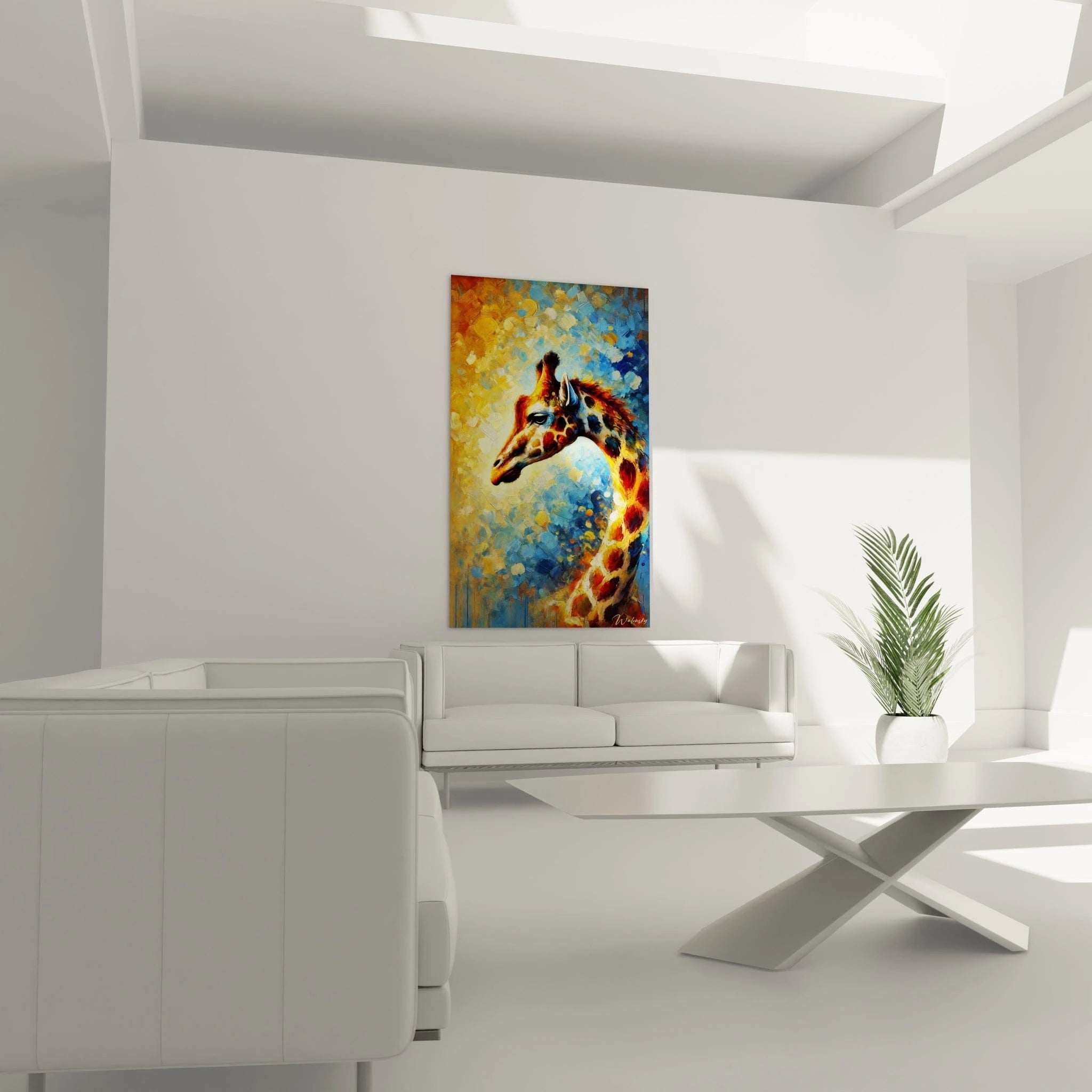tableau girafe au-dessus d’un canapé dans un salon lumineux avec ses couleurs vibrantes bleu or et rouge apportant énergie et élégance à la pièce grâce à un style semi-abstrait captivant