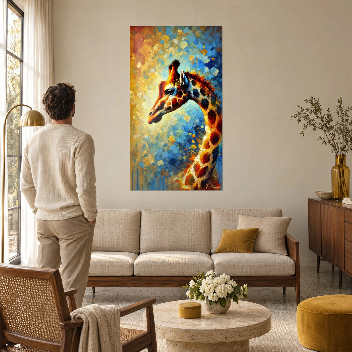 Quadro di giraffa dal collo lungo in ocra e ruggine su sfondo blu e giallo, un uomo di spalle, sopra un divano in un soggiorno luminoso